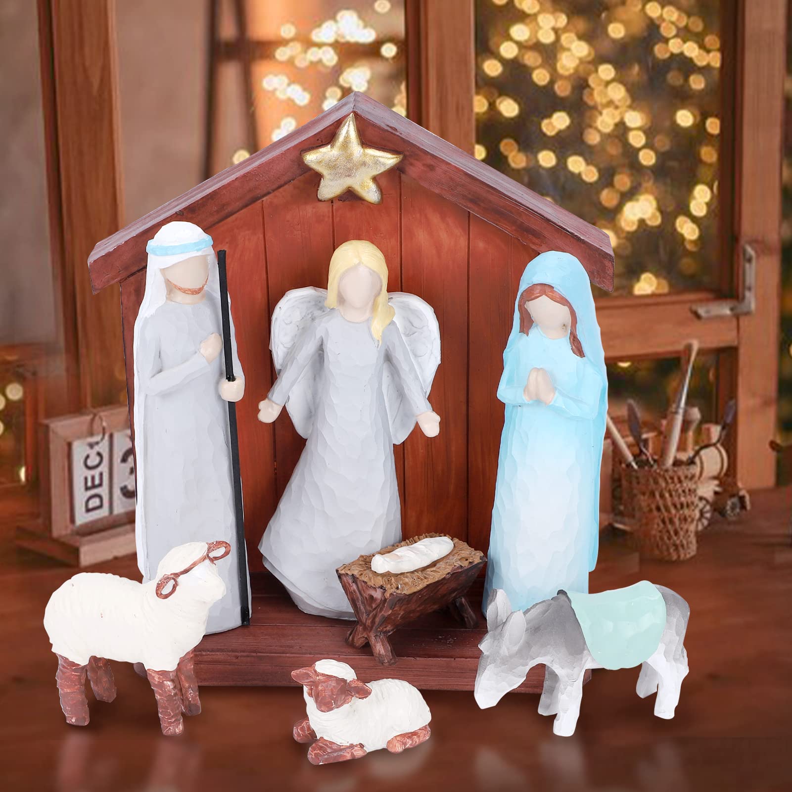 Set Presepe Di Natale 7 Statuette Dipinte A Mano In Resina - Sacra Famiglia Con Angelo, Animali E Stella, Altezza Max 20 Cm