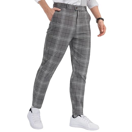Floerns Calça social masculina xadrez frente lisa casual para negócios