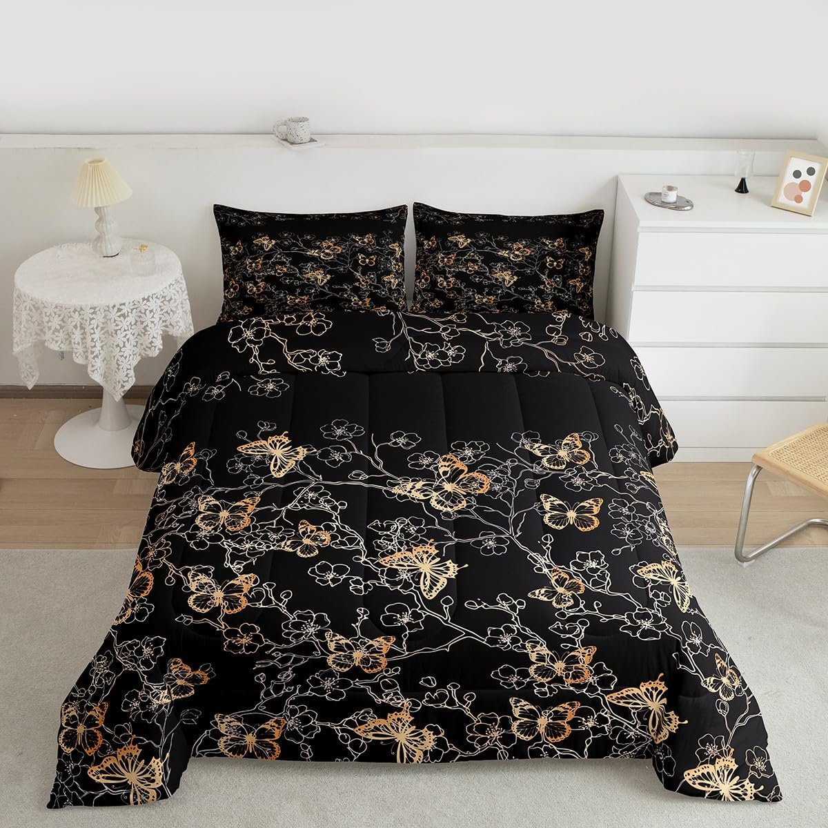 Feelyou Girls Butterfly Comforter Set Queen Size Cherry Blossom Bedding Set for Kids Boys Gold Beautiful Butterflies Duvet Quilt Bedroom Decor 3 Pcs with 2 Pillow Cases