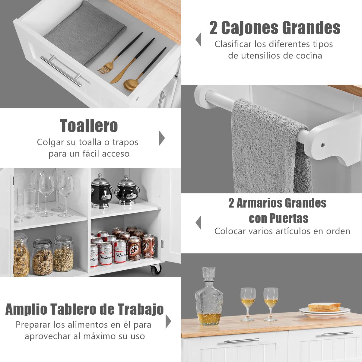 COSTWAY Carrito de Cocina, Carro de Cocina Giratorio con Cajones de Almacenamiento y Grandes Armarios, Carro de Servir, 4 Ruedas Universales y Toallero, 94 x 45 x 94,5cm (Blanco)