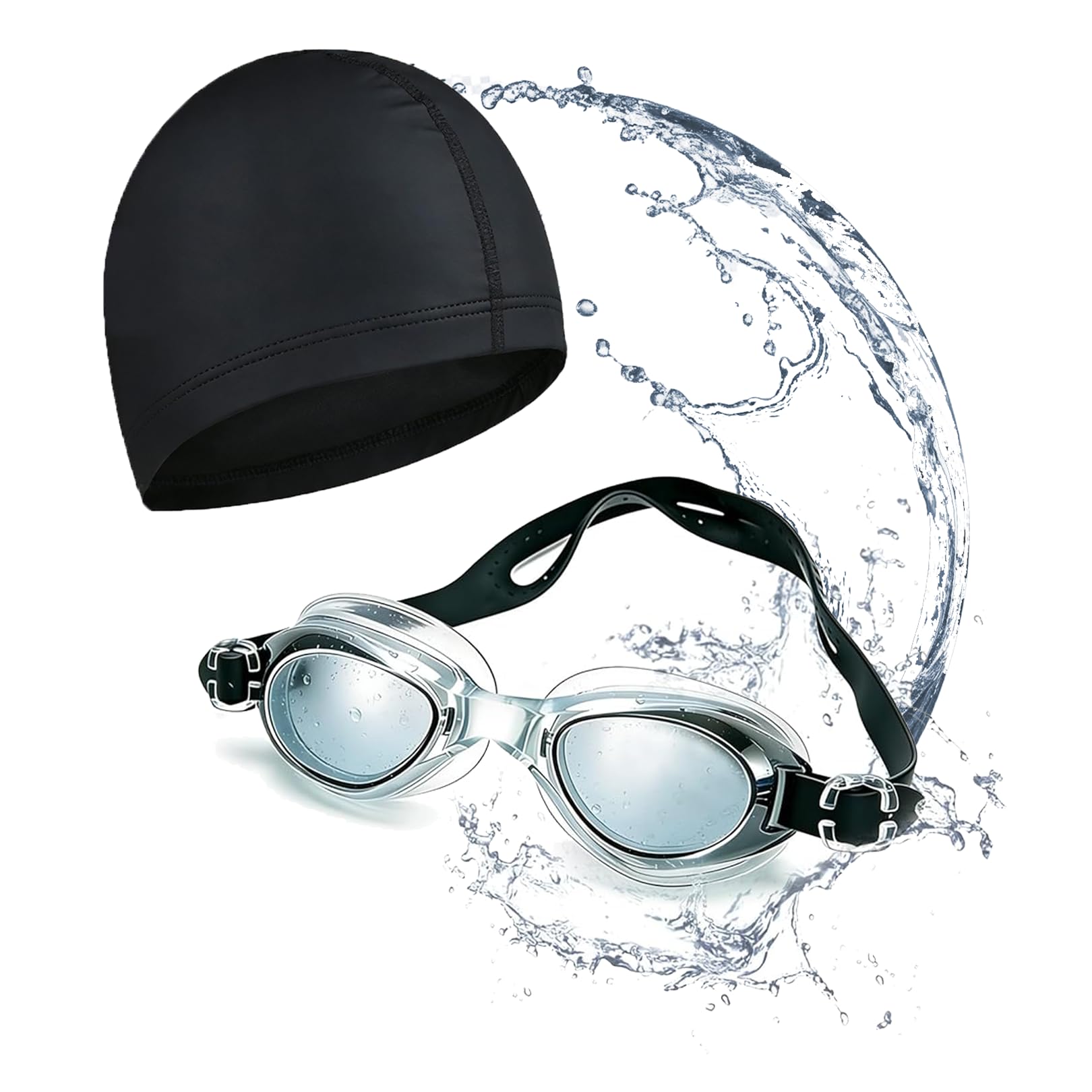 Anti Fog Swimming Goggles and Fabric Swimming Cap Kids Adults 2-Piece Set