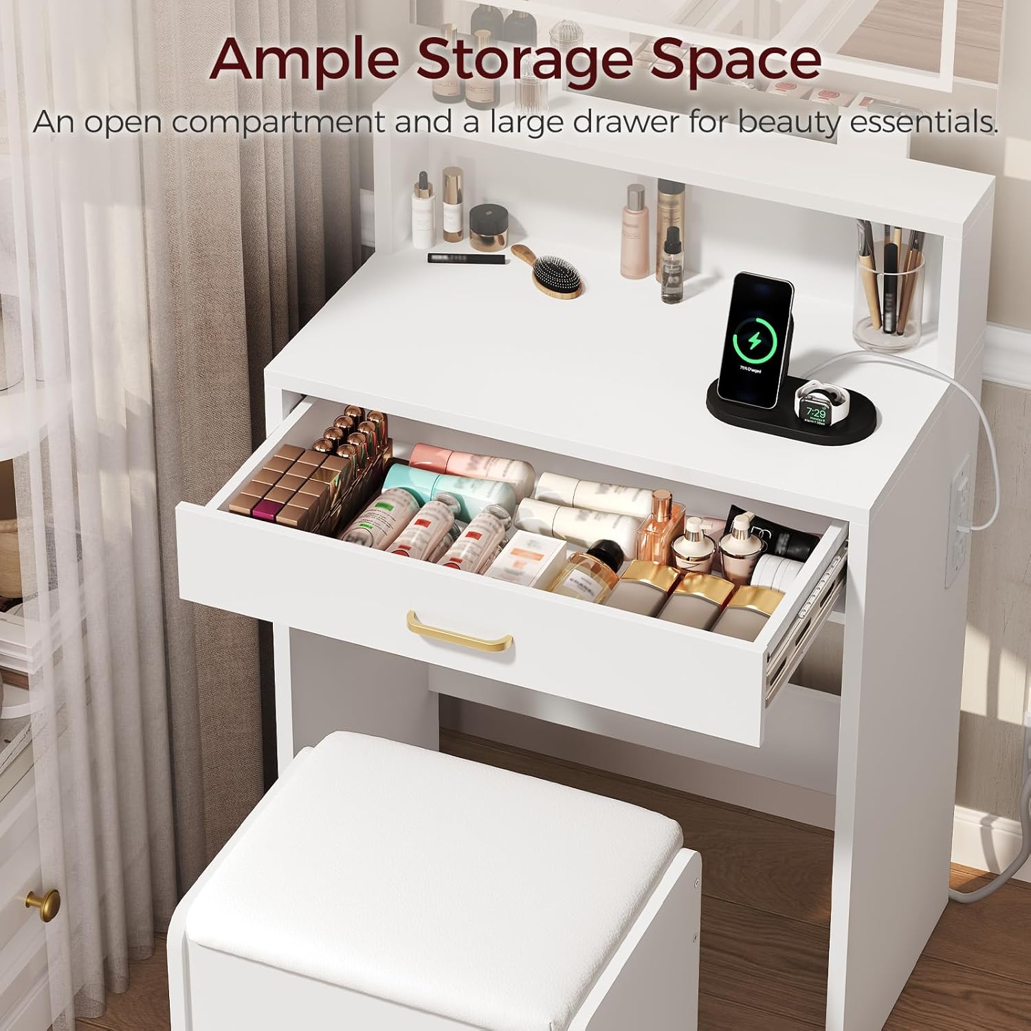 White Makeup Vanity Desk with Mirror and Lights, Vanity Table and Stool Set, Modern Ample Storage Dressing Table with Power Outlet and Drawer, 2 AC Outlets, 2 USB Ports, for Bedroom