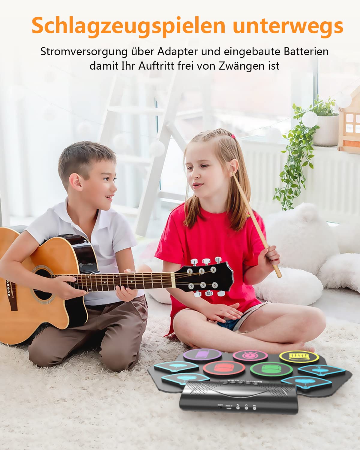 Schlagzeug Elektronisch, 9 Pads Faltbares Elektronisches Schlagzeug mit Drumsticks, Tragrbares Elektrische Drum Set mit Bluetooth für Kinder, Anfänger Geburtstag und Geschenk