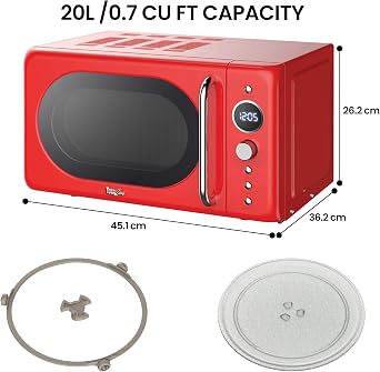 Total Chef Microwave Oven 20L 700W Retro Mini Ovens Digital LED Display 8 Preset Modes 60 Min Timer 5 Cooking Power Levels Removable Glass Turntable Countertop Freestanding Small Microwaves Red