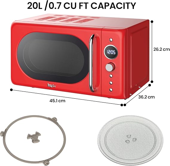 Total Chef Microwave Oven 20L 700W Retro Mini Ovens Digital LED Display 8 Preset Modes 60 Min Timer 5 Cooking Power Levels Removable Glass Turntable Countertop Freestanding Small Microwaves Red