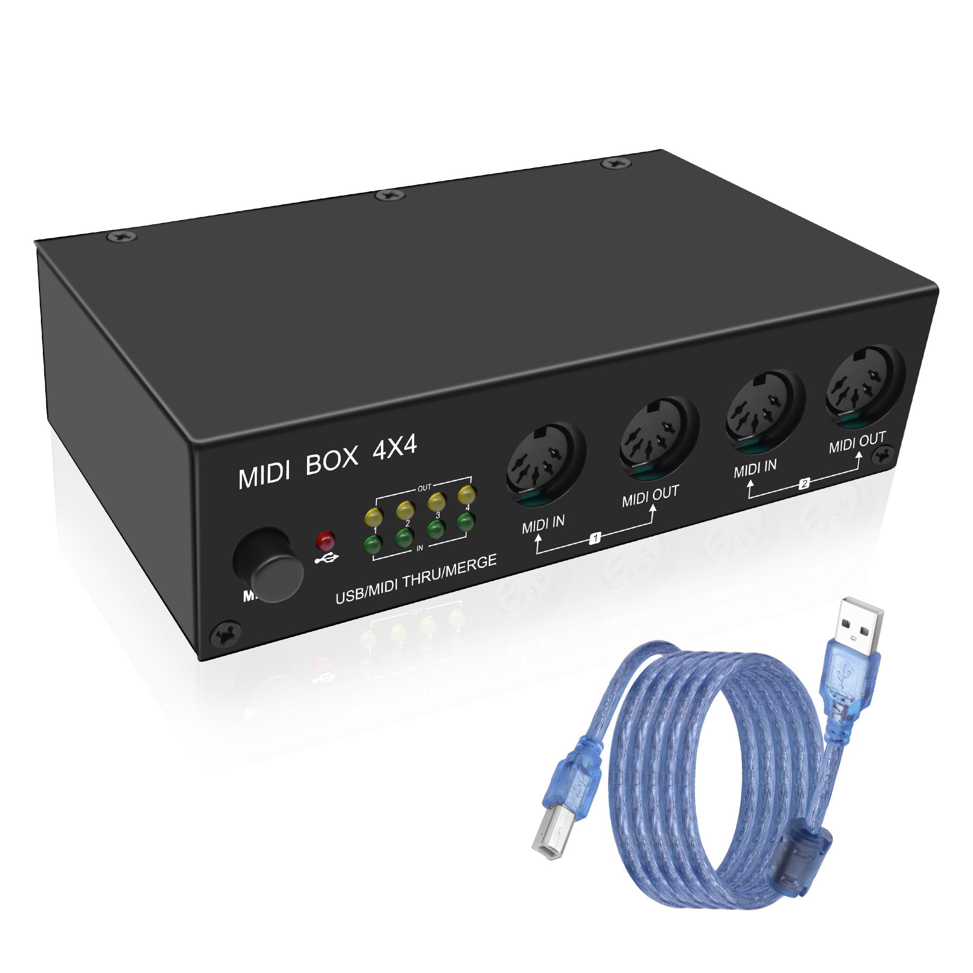 XMSJSIY USB MIDI Interface Box 4 In 4 Out 64 Canali MIDI Thru Box 4 * 4 Converter con Router Unire Splitter Thru Hub con indicatori LED per PC Mac e strumenti MIDI USB