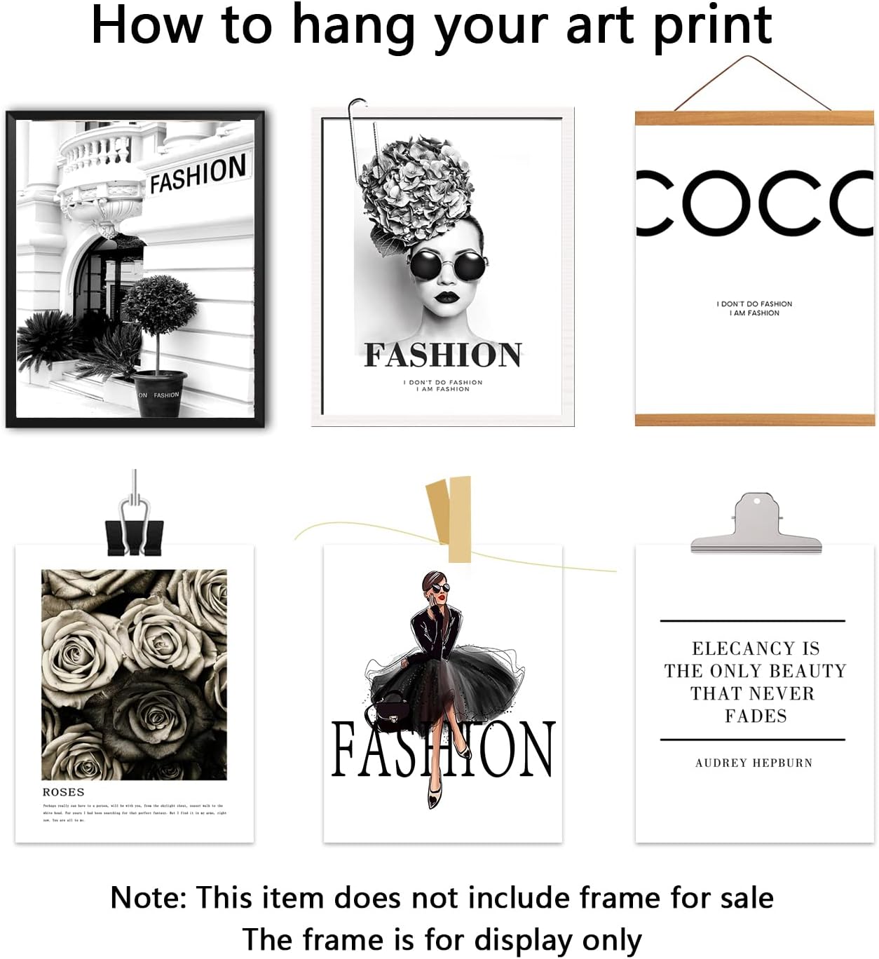 Fashion Wall Art Print Set of 6 Pieces Canvas Wall Art Black & White Fashion Poster Coco Woman Rose Inspirational Quotes for Bedroom Living Room Girls Wall Decor and Gorgeous Wall Decor (8 x 10