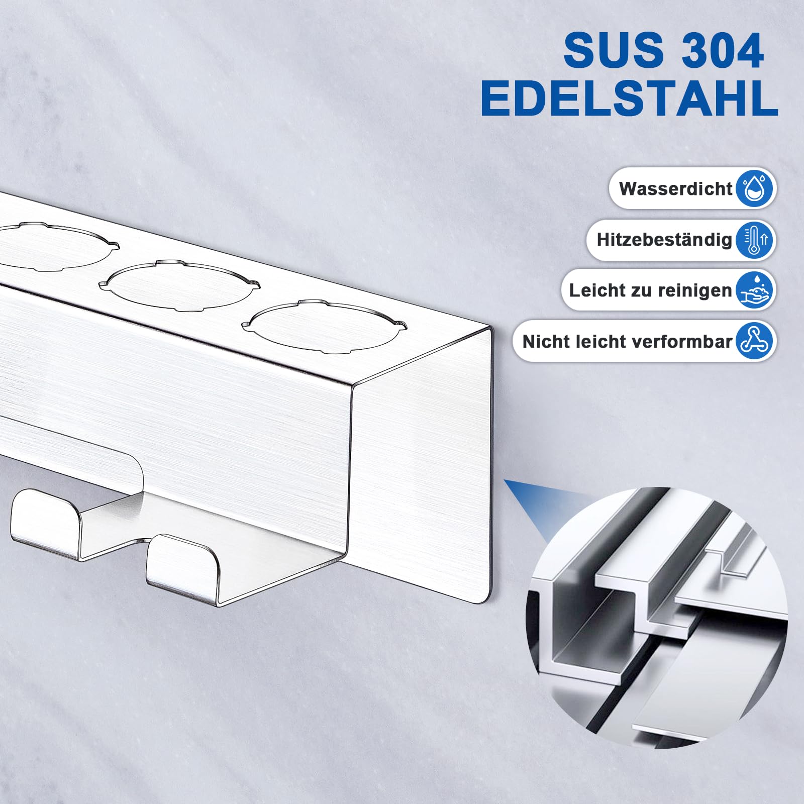 Fönhalter Ohne Bohren, Edelstahl Föhn und Glätteisen Wand Halterung, 7 In 1 Lockenstab Zubehör Wandhalterung Halterung für Haus Bad Veranstalter (Silber)
