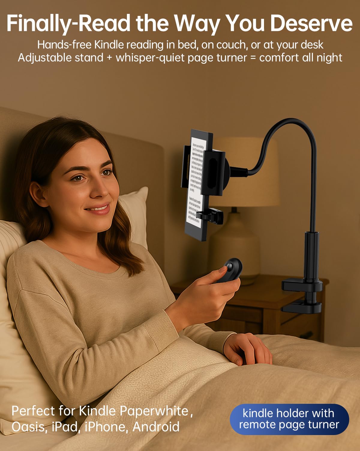 Kindle Halter mit Fernbedienung Seitenumkehrer - Freisprech-Leseständer für Bett, Schreibtisch, Laufband - Kompatibel mit Kindle Paperwhite, Oasis, iPad, iPhone und mehr