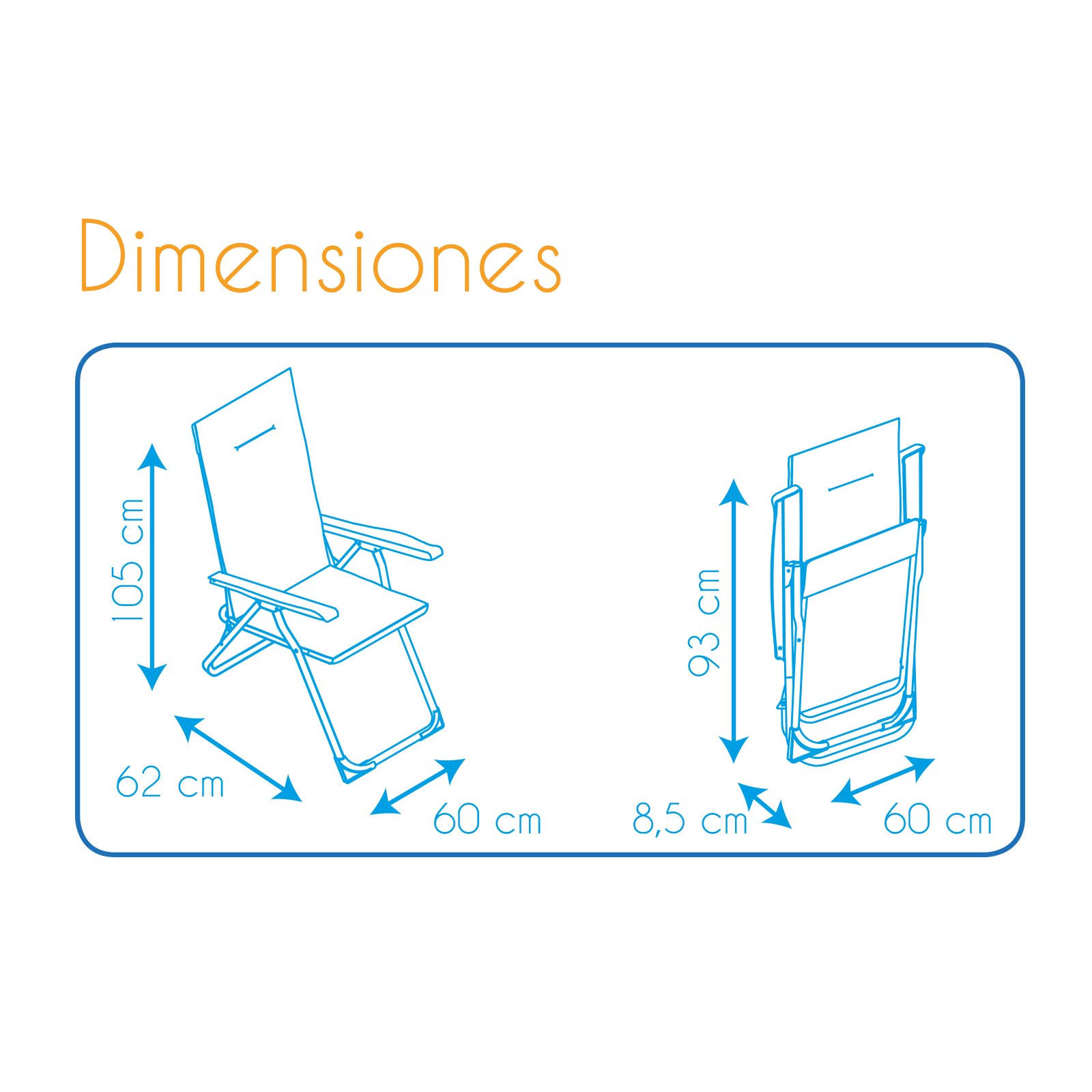 Silla Plegable Reclinable Acolchada con Respaldo Alto 62x60x105 cm 5 posiciones con Tejido lavable y Pies Estabilizadores para Mayor Seguridad