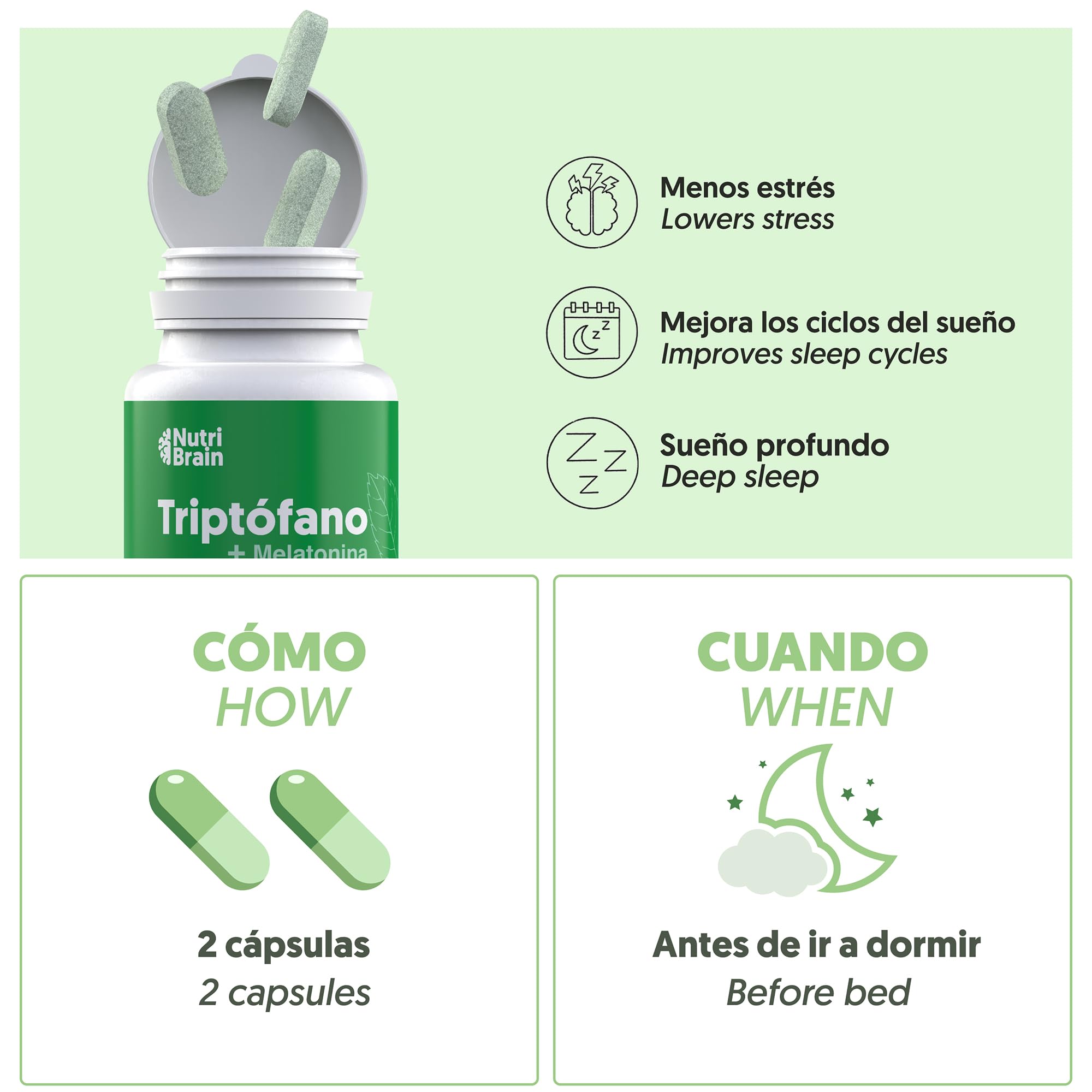 Pack Nootrópico Natural + Triptófano con Melatonina (60 + 70 cápsulas) - Energía y Descanso - Sueño Profundo y Energía para el día a día - Aumenta la Concentración y Agilidad Mental