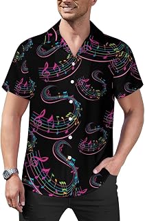 Colorful Music Note Mens Shirts Hawaiian Short Sleeved Cuban Collar Graphic Tees Tops