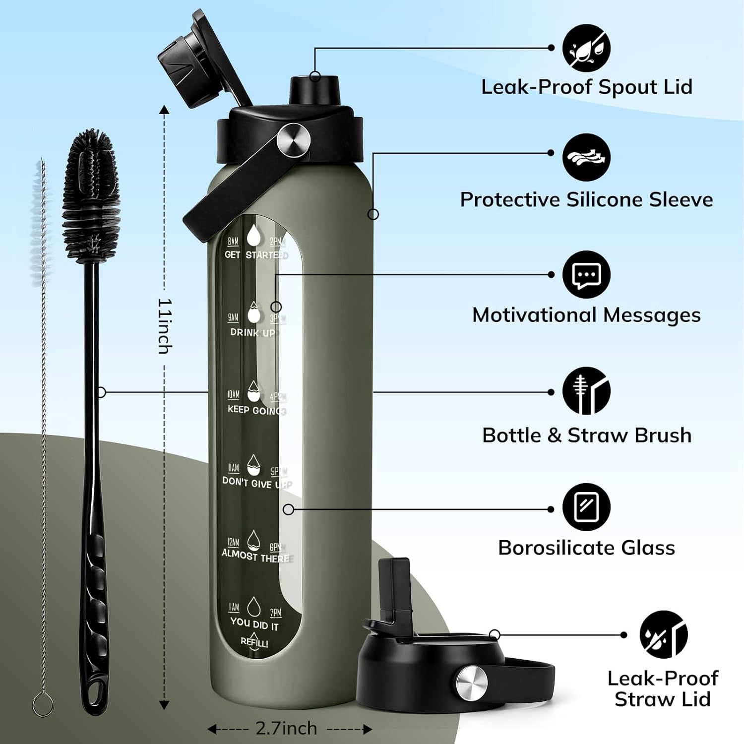 Aqulea 32 oz Glass Water Bottle with 2 Lids – Spout & Straw Lids, 1L Motivational Borosilicate Glass Water Bottle with Time Marker & Silicone Sleeve, Leakproof (Sage)