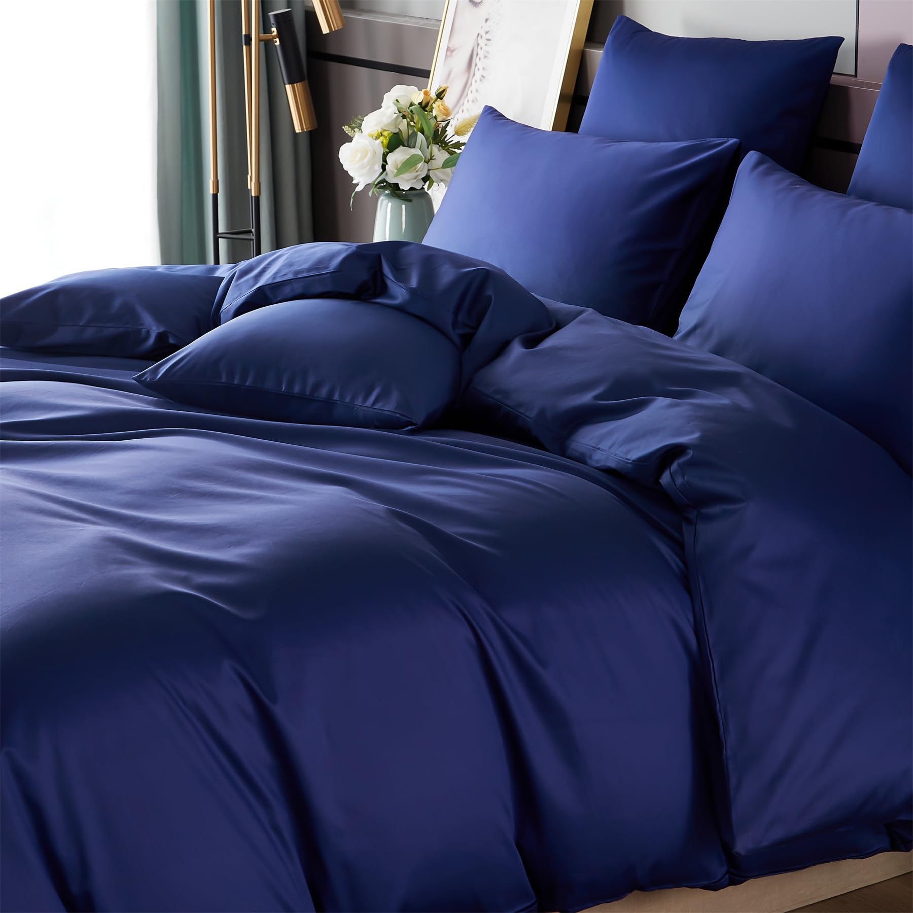 Gezu Mako Satin Bed Linen 155 x 220 cm Cotton Satin Duvet Cover Blue Navy 3-Piece Soft Breathable Bed Linen 100% Cotton Duvet Cover 155 x 220 cm and 2 Pillowcases 80 x 80 cm with Zip - Image 3