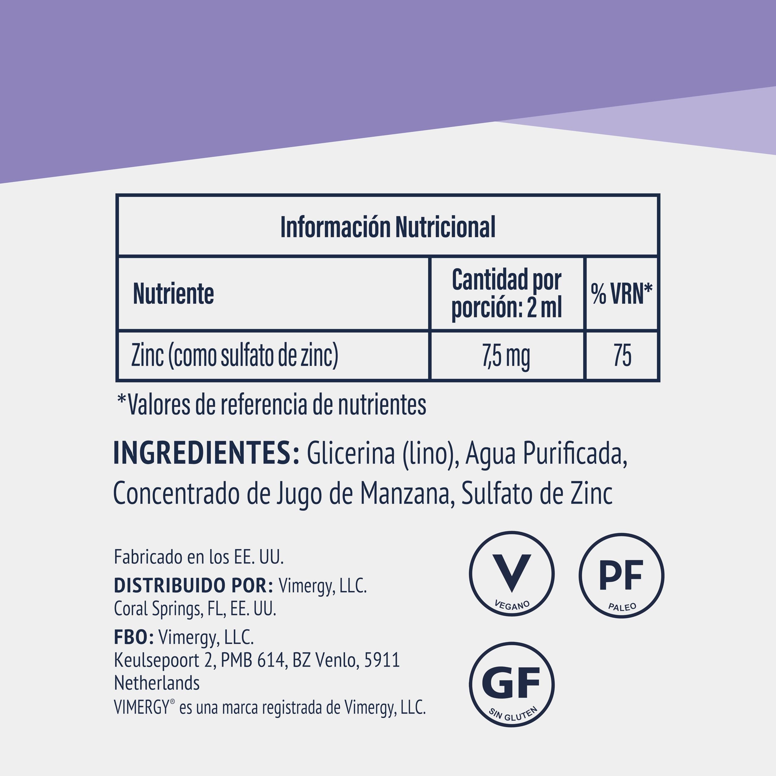 Vimergy Zinc – 240 ml, 120 Dosis – Suplemento de Zinc Líquido – Refuerza Sistema Inmunológico, Metabolismo y Huesos – Antioxidante - Sin OMG, Azúcar Refinado ni Gluten – Apta para Keto y Paleo