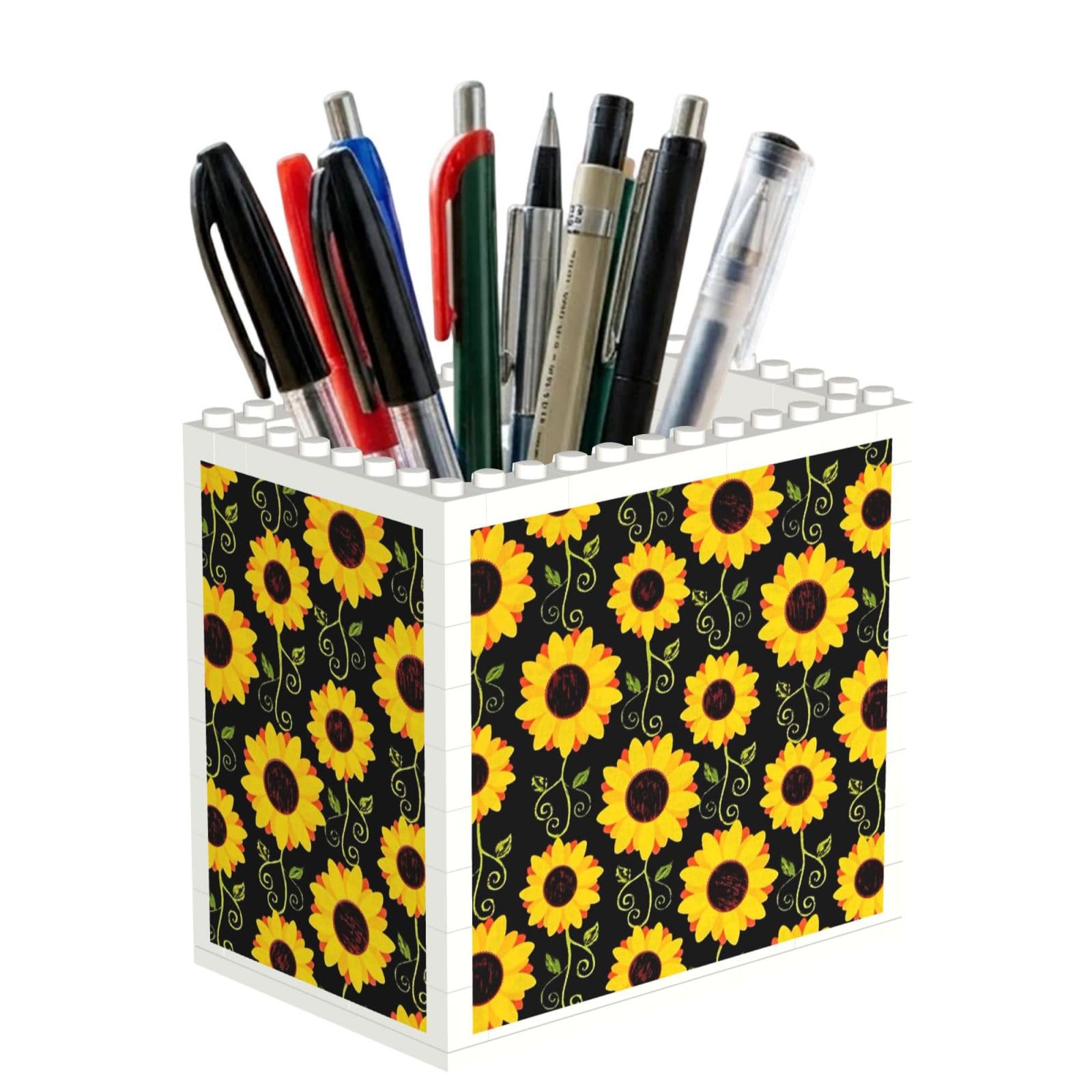 SATUSA Floral Sunflower Print Building Block Texture Pen Holder - Pencil Holder For Desk Pen Organizer,Aesthetic Desk Accessories For Women(1pcs)