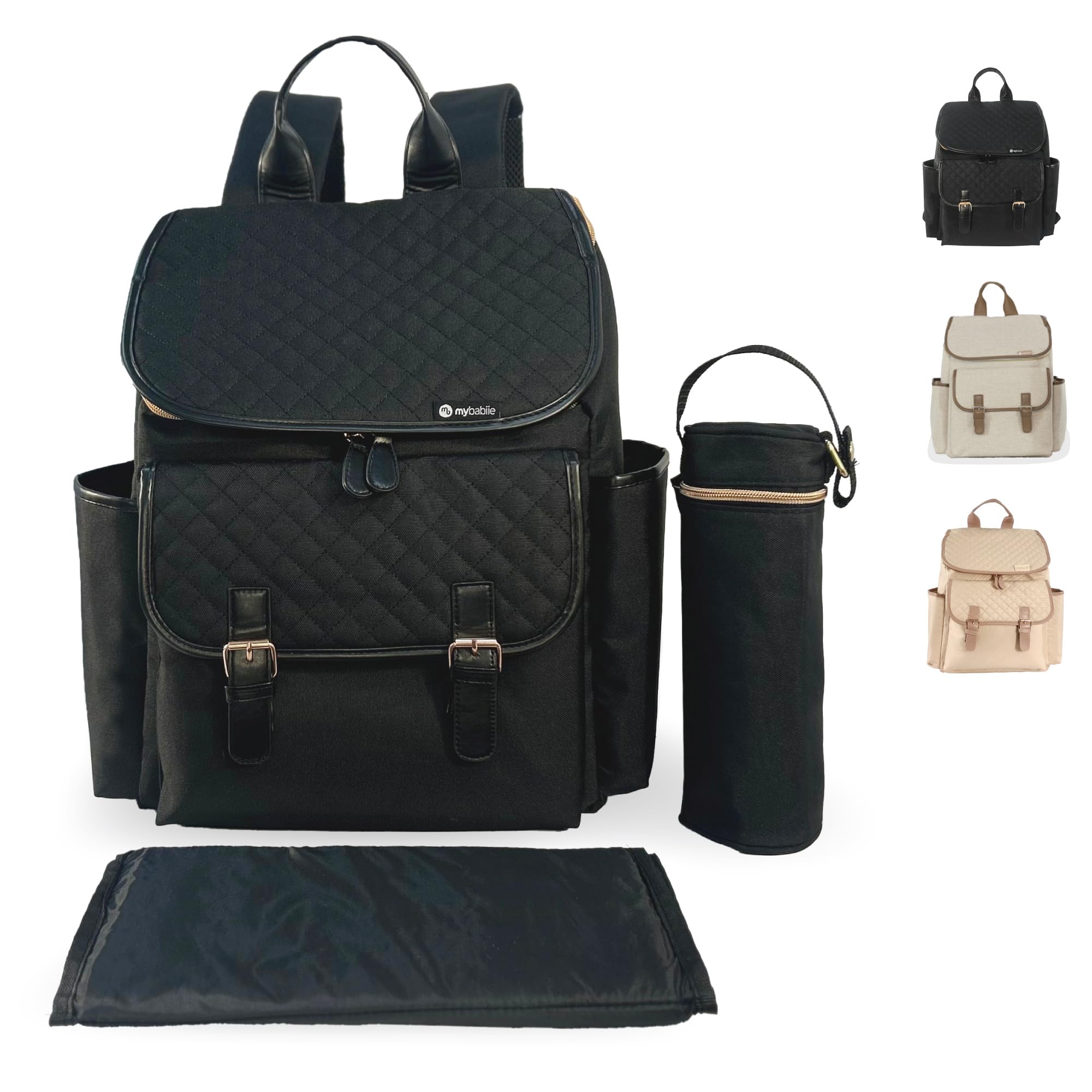 My Babiie Changing Bag Backpack - With Insulated Bottle Holder, Portable Changing Mat, Baby Travel Bag, Nappy Back Pack, 9 Pockets - Black Quilted