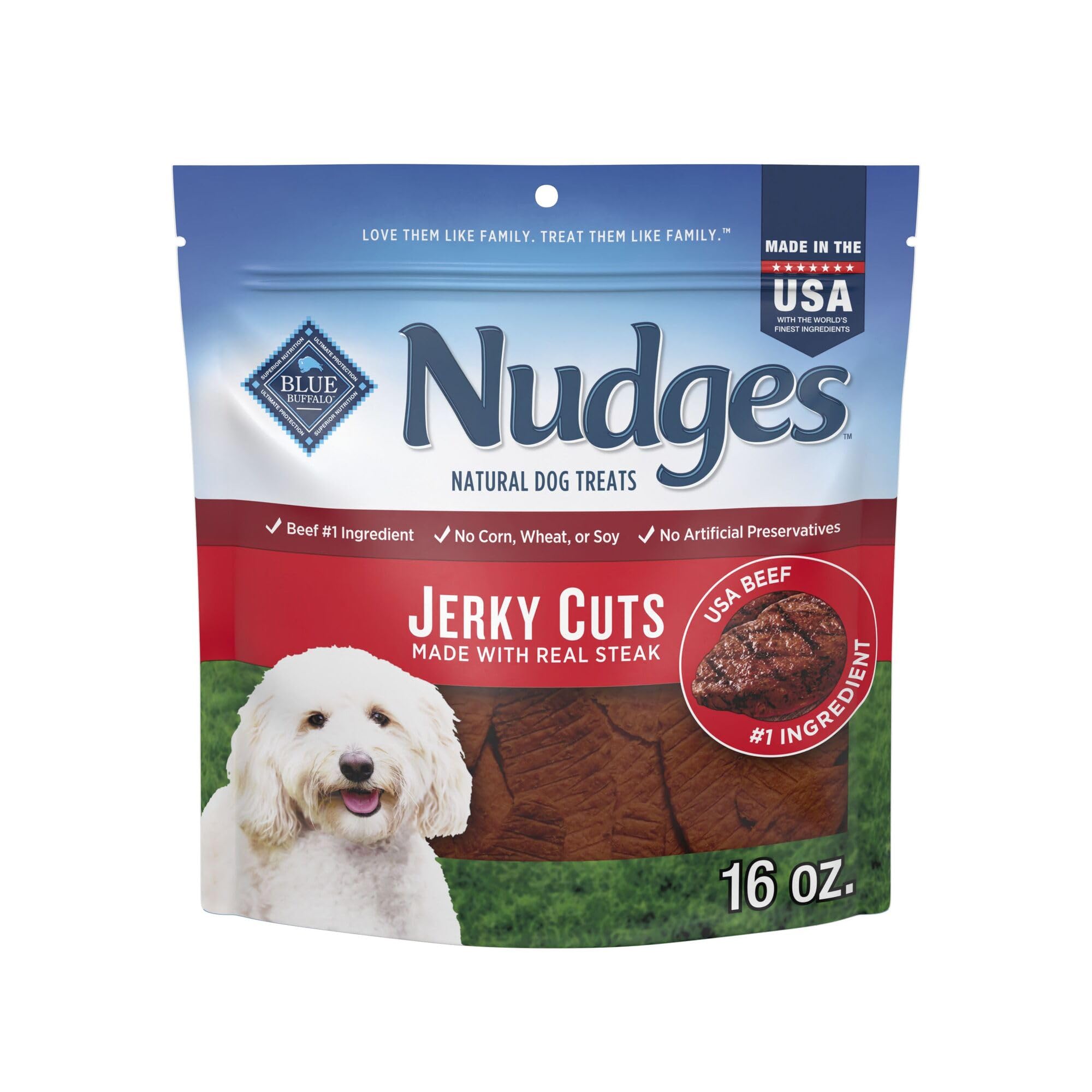 Blue Buffalo Nudges Jerky Cuts Dog Treats, Made in the USA with Natural Ingredients, Steak, 16-oz Bag