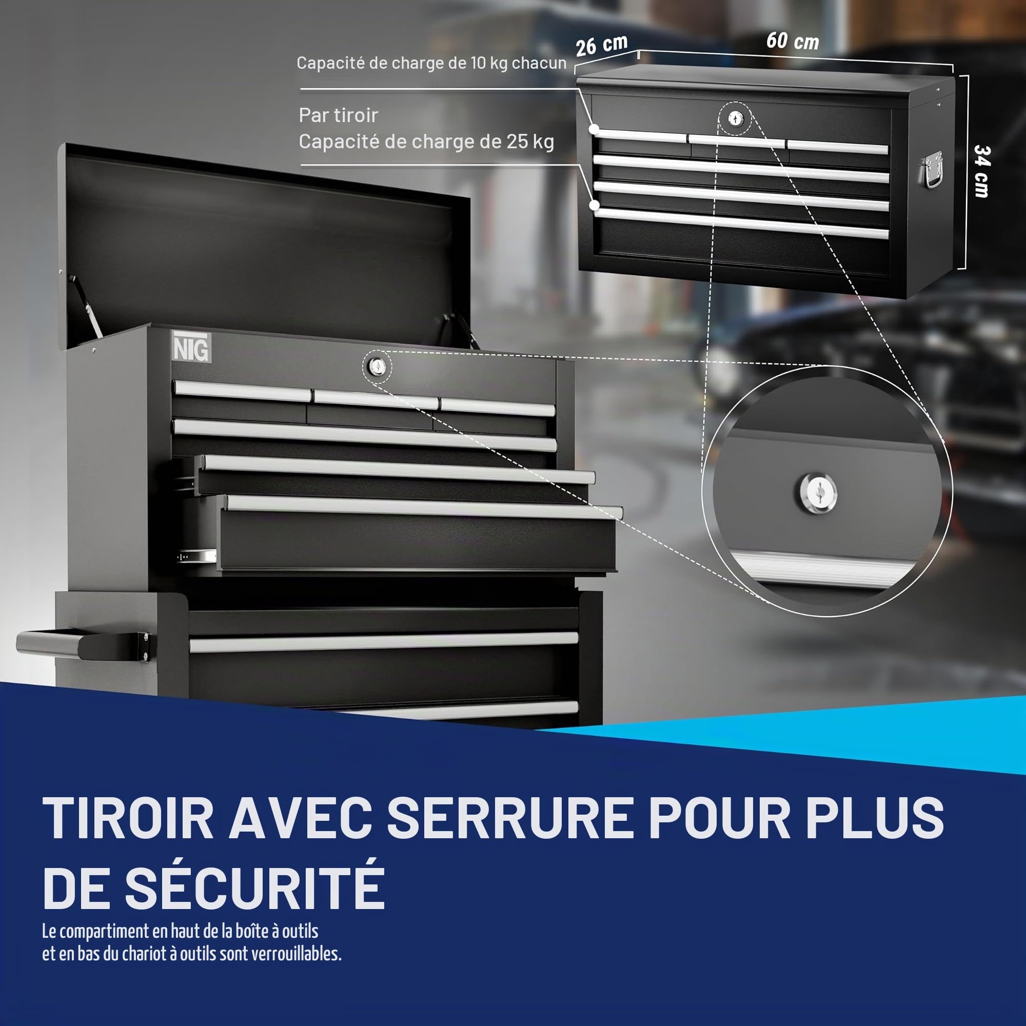 NTG Chariot d'atelier avec Coffre : 9 Compartiments, verrouillable, métal Robuste | Chariot à Outils sans Outils | Chariot pour Le Rangement des Outils avec Serrure