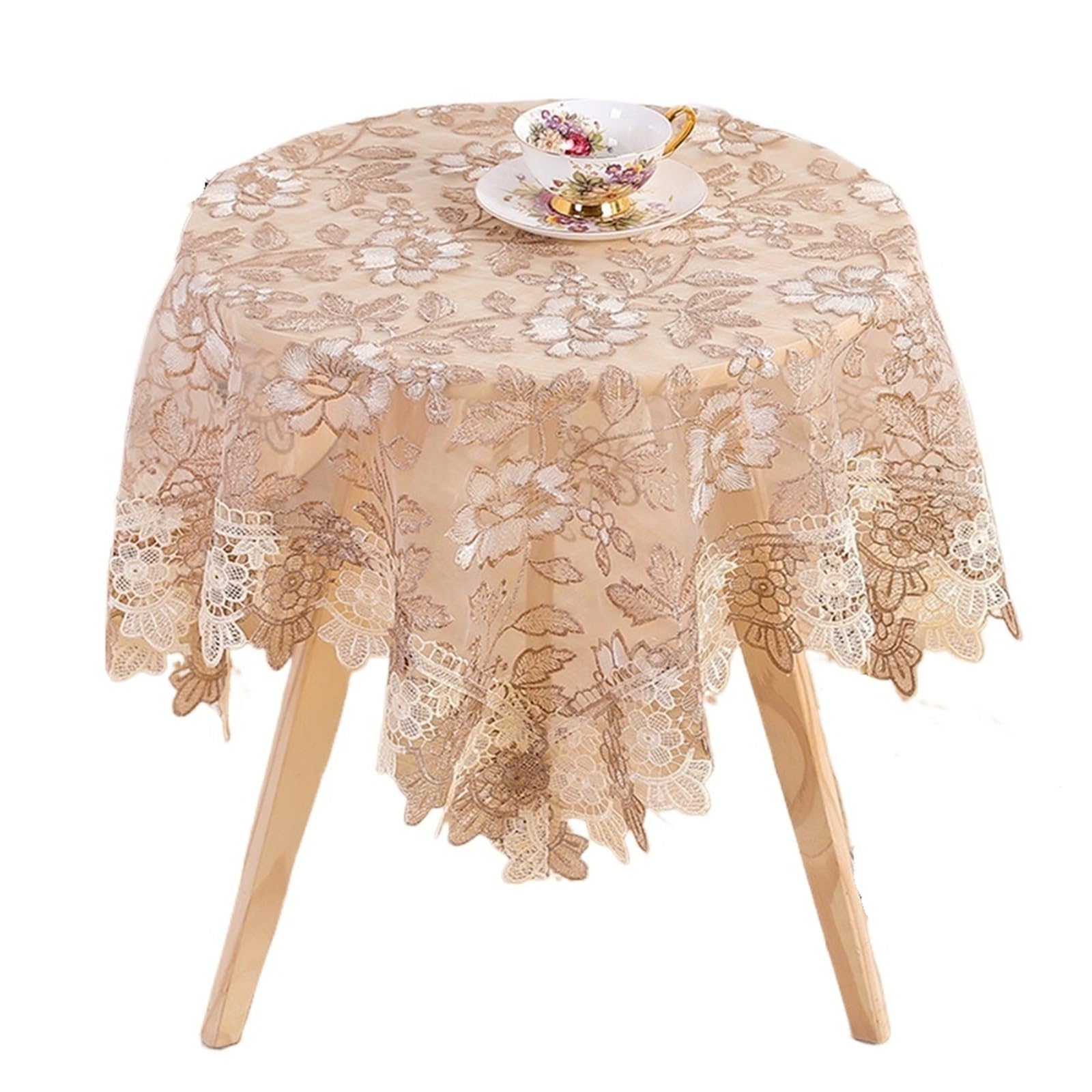 LuMOUzhou Lace Tablecloth Embroidered Multicolor Multiple Sizes Wedding Home Decor(Coffee White,60x60cm)