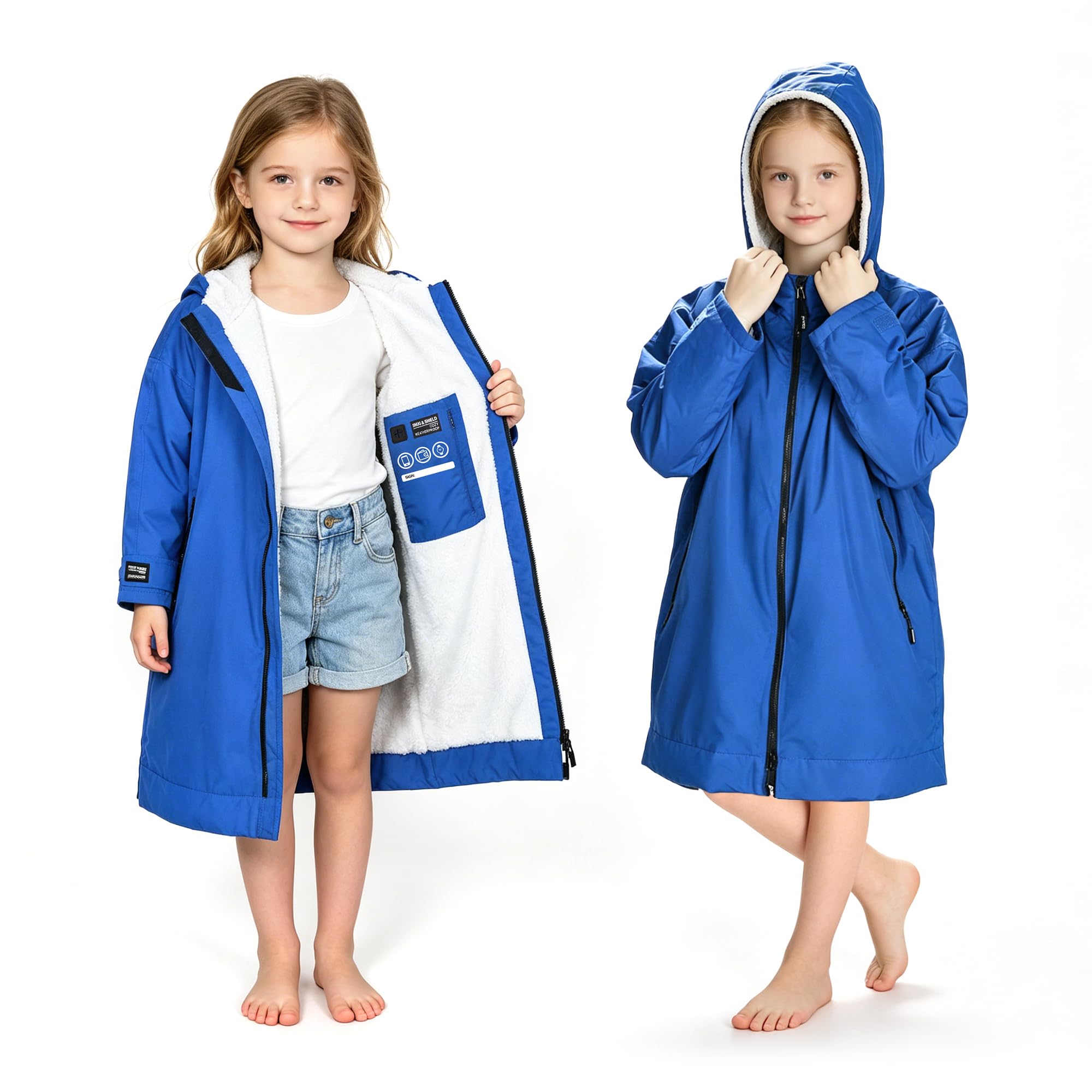 Catalonia Kids Waterproof Swim Parka with Hood, Sherpa-Lined Changing Robe