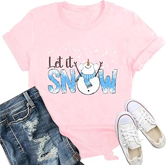 Womens Christmas Shirts Retro Santa Claus T-Shirt Merry Xmas Tree Snowflake Tee Top