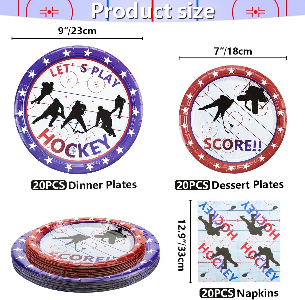 Hockey Party Decorations - Ice Hockey-Theme Party Supplies Including 9” Dinner Plates 7” Dessert Plates, Napkins for Kids Men Birthday (61)
