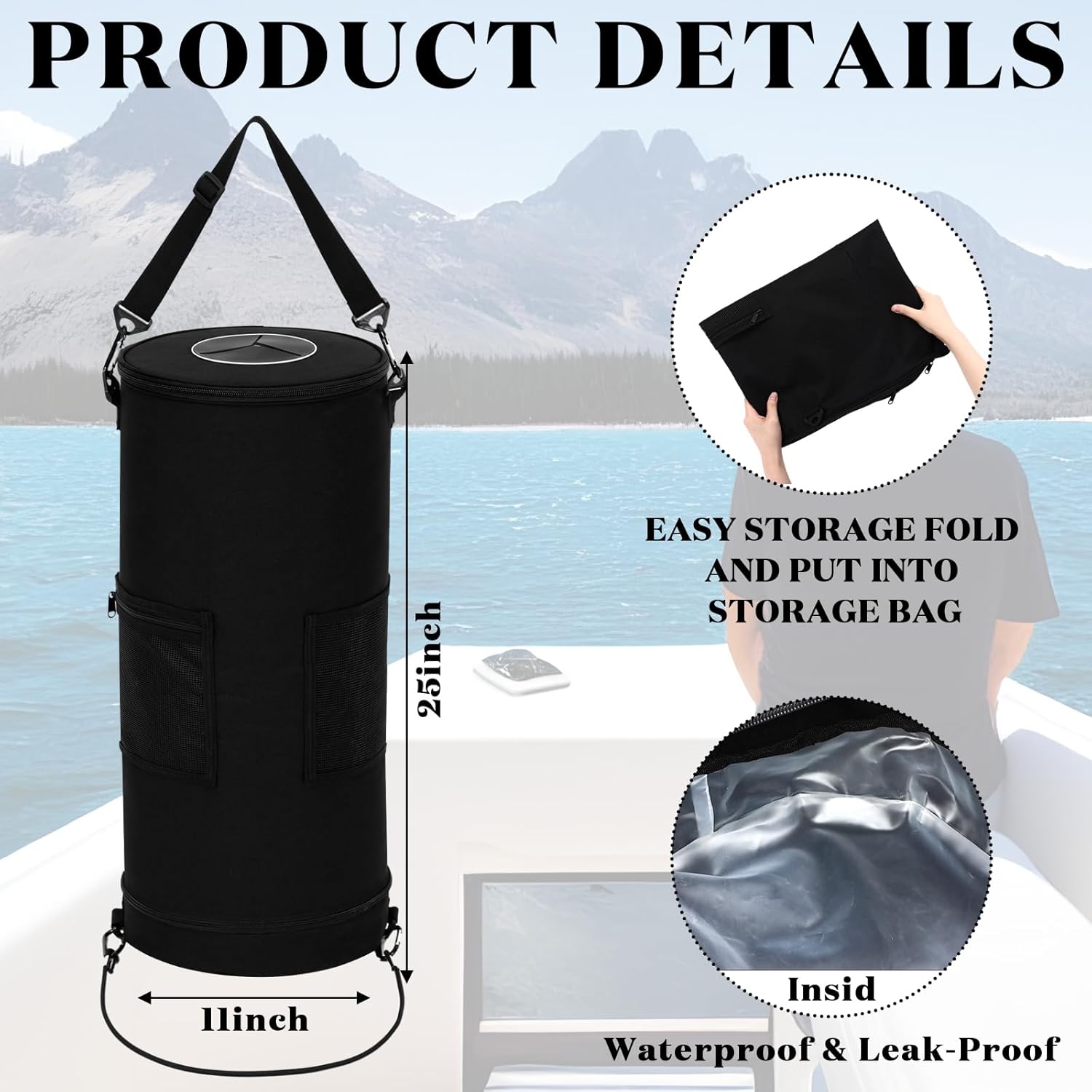 Boat Trash Can 100% Odor & Leak Resistant Trash Bag Portable Reusable 10-13 Gal Garbage Bags Foldable Waterproof 900d Oxford for Fishing Sandbar Kayak Pontoon Boat Accessories Camping Rv
