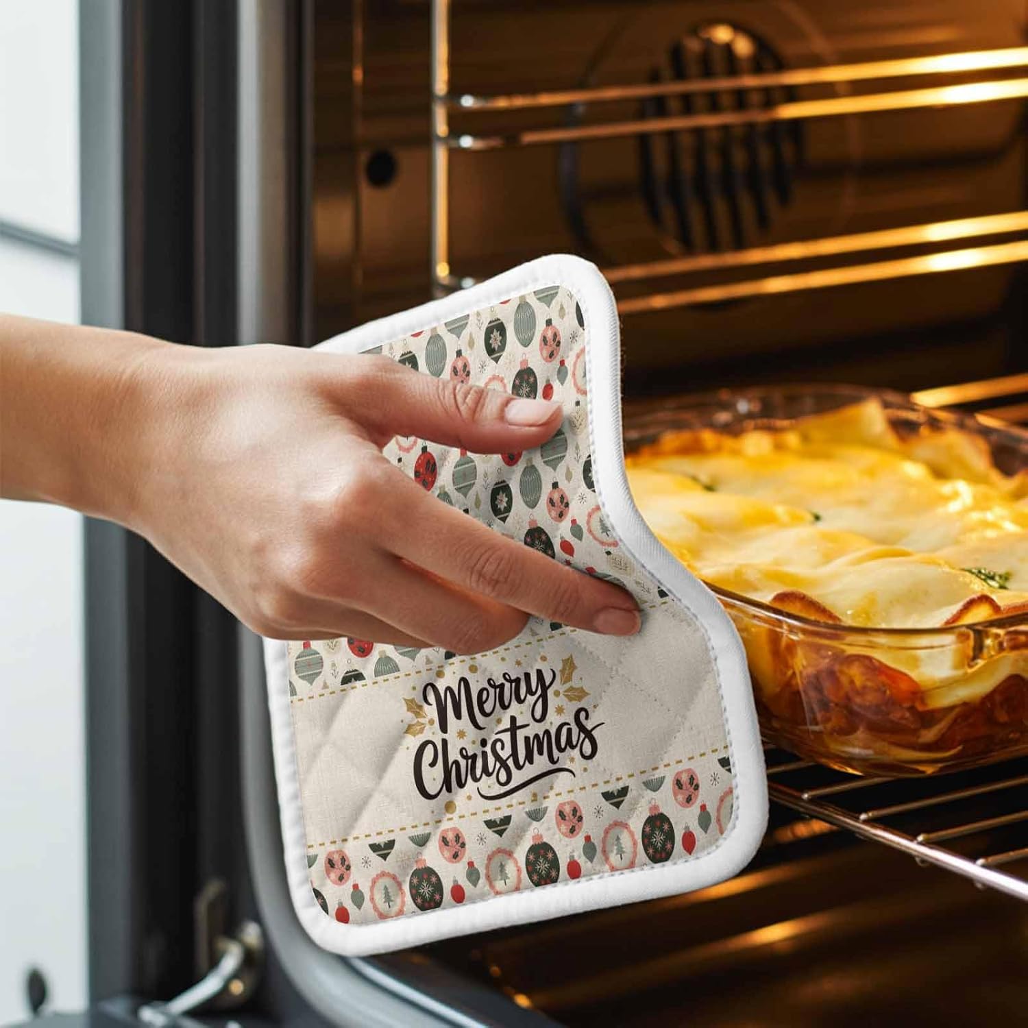 5 Pack Pot Holders for Kitchen, Merry Christmas Hot Pads for Kitchen Countertops Oven Pot Holder Bulk, Retro Winter Watercolor Coloful Ball Heat Insulation Potholders with Hanging Loops