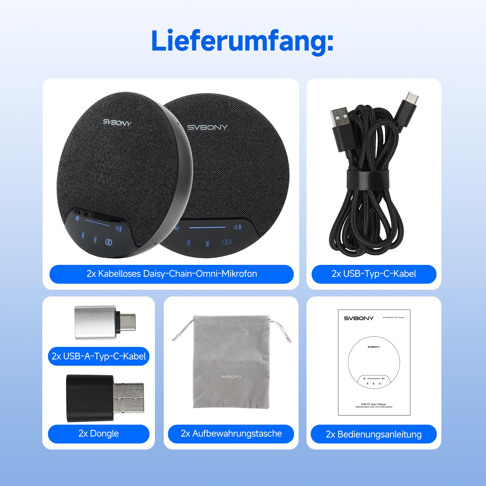 SVBONY SVN O1 Konferenzlautsprecher mit Mikrofon (2 Pack), 3A+KI-Geräuschunterdrückung, Drahtlose Erweiterungstechnologie, 10m Entfernung, 3 Plug-&-Play-Anschlüsse für Mega-Konferenz(10-20 Personen)