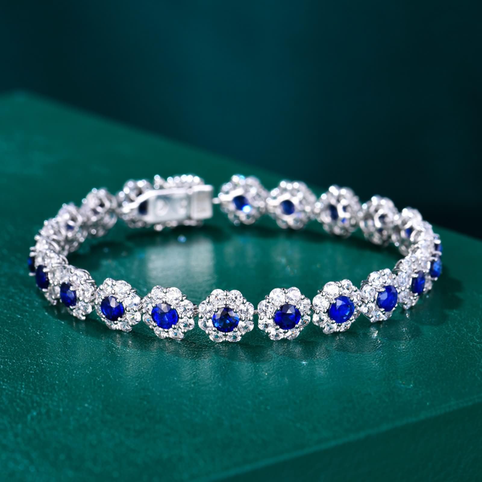 Pulseras Mujer Oro Blanco 9Kt / 14Kt / 18Kt, Flor y Redondo con Zafiro Creado de 7,7 ct y Diamante, Cadena 16 CM, Pulsera de Mujer Plata Azul
