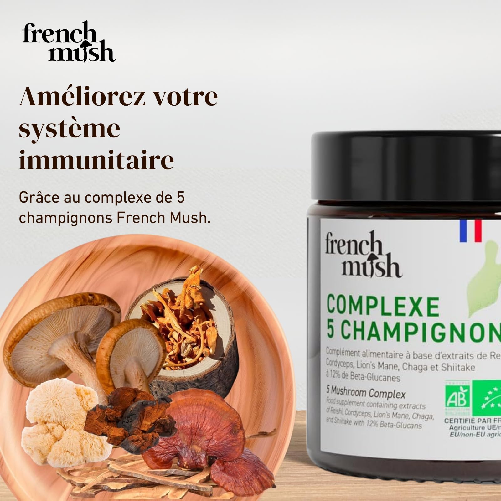 Complexe 5 Champignons Bio en Poudre Vegan - Lion's Mane, Reishi, Cordyceps, Shiitake, Chaga - Digestion, Bien-Être - 1 Gramme Par Jour - Testé en Laboratoire - Fabriqué en France