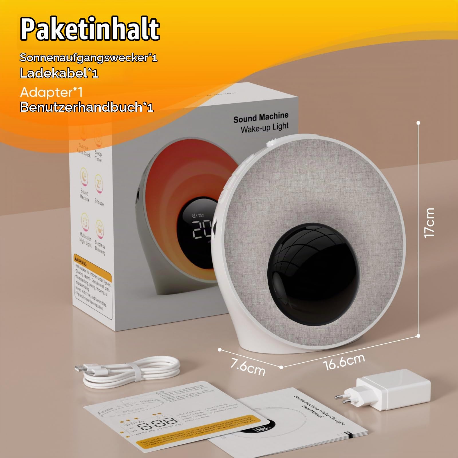 Tageslichtwecker, Lichtwecker Sonnenaufgang Wecker mit Licht,Wecker Digital | Mit 2 Alarme und Snooze, White Noise Machine mit 30 Schlafgeräusche, Nachttischlampe mit 20 Helligkeit, 8 Farblicht, Timer