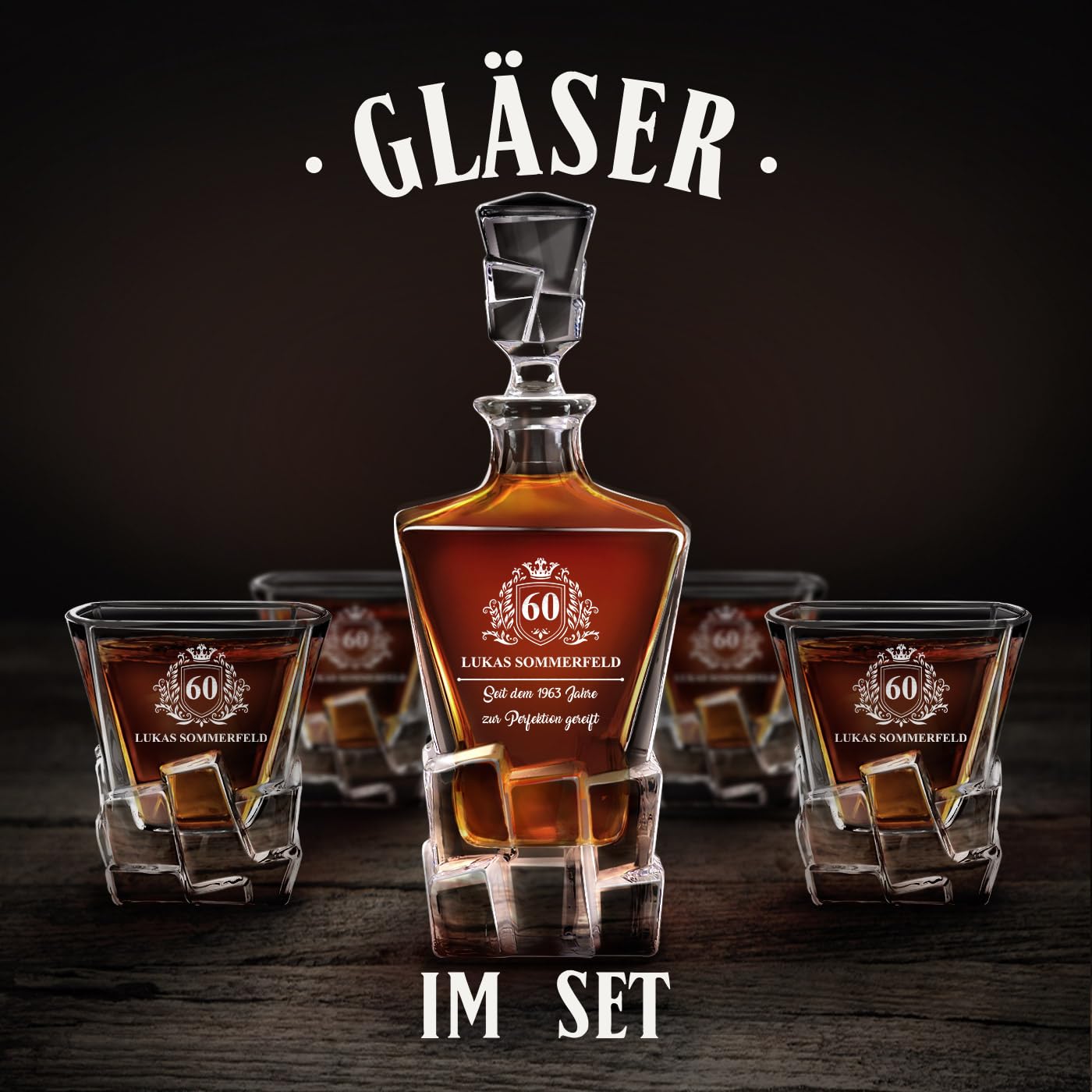 Maverton 950 ml Whiskey Karaffe + 4 / 6er Whiskygläser Set mit Gravur