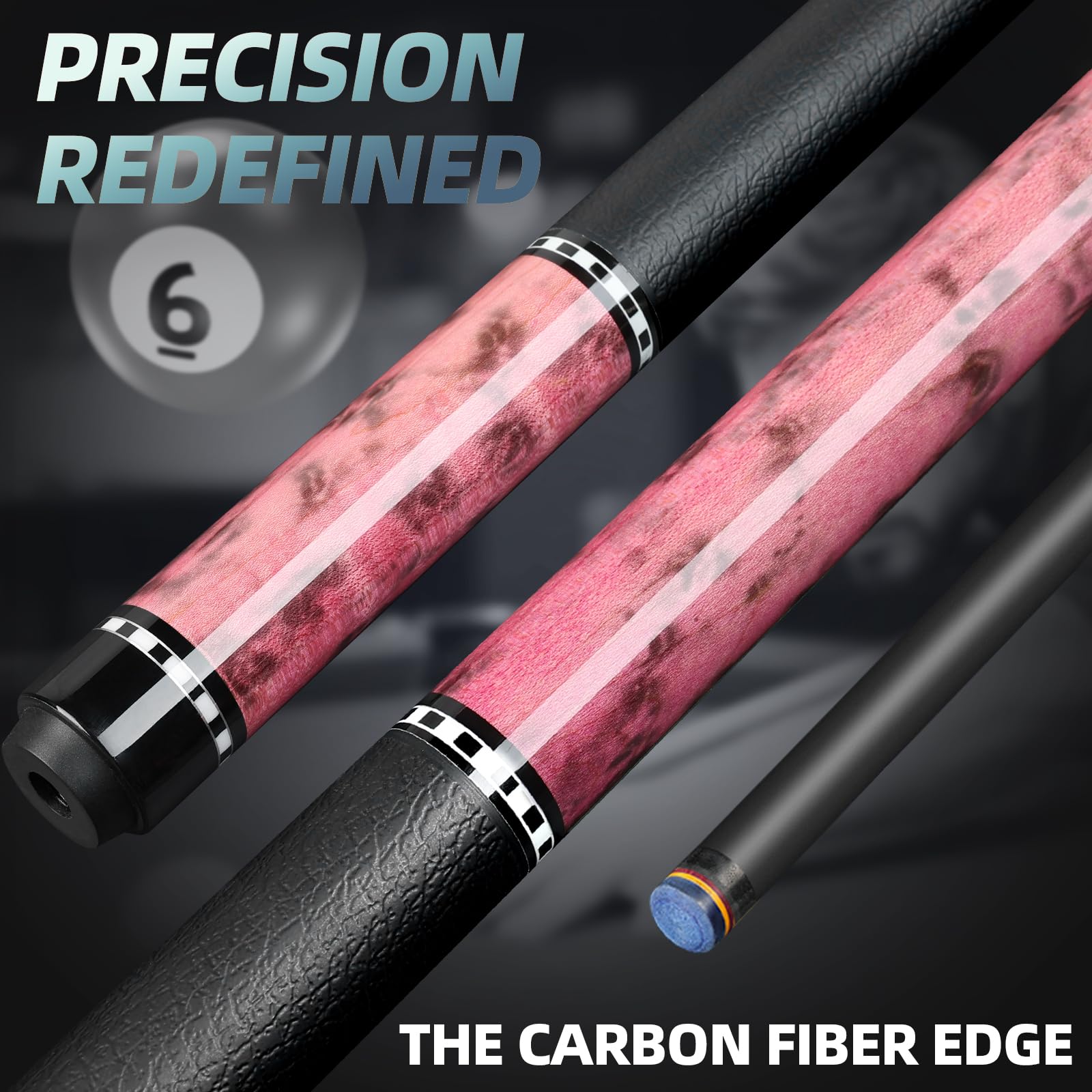Kmise Stecca da biliardo in fibra di carbonio, 100% fibra di carbonio, asta da 147,3 cm professionale per adulti, tecnologia Full Carbon, punta da 12,5 mm, perno giunto 3/8-8, 552,8 g, coda da