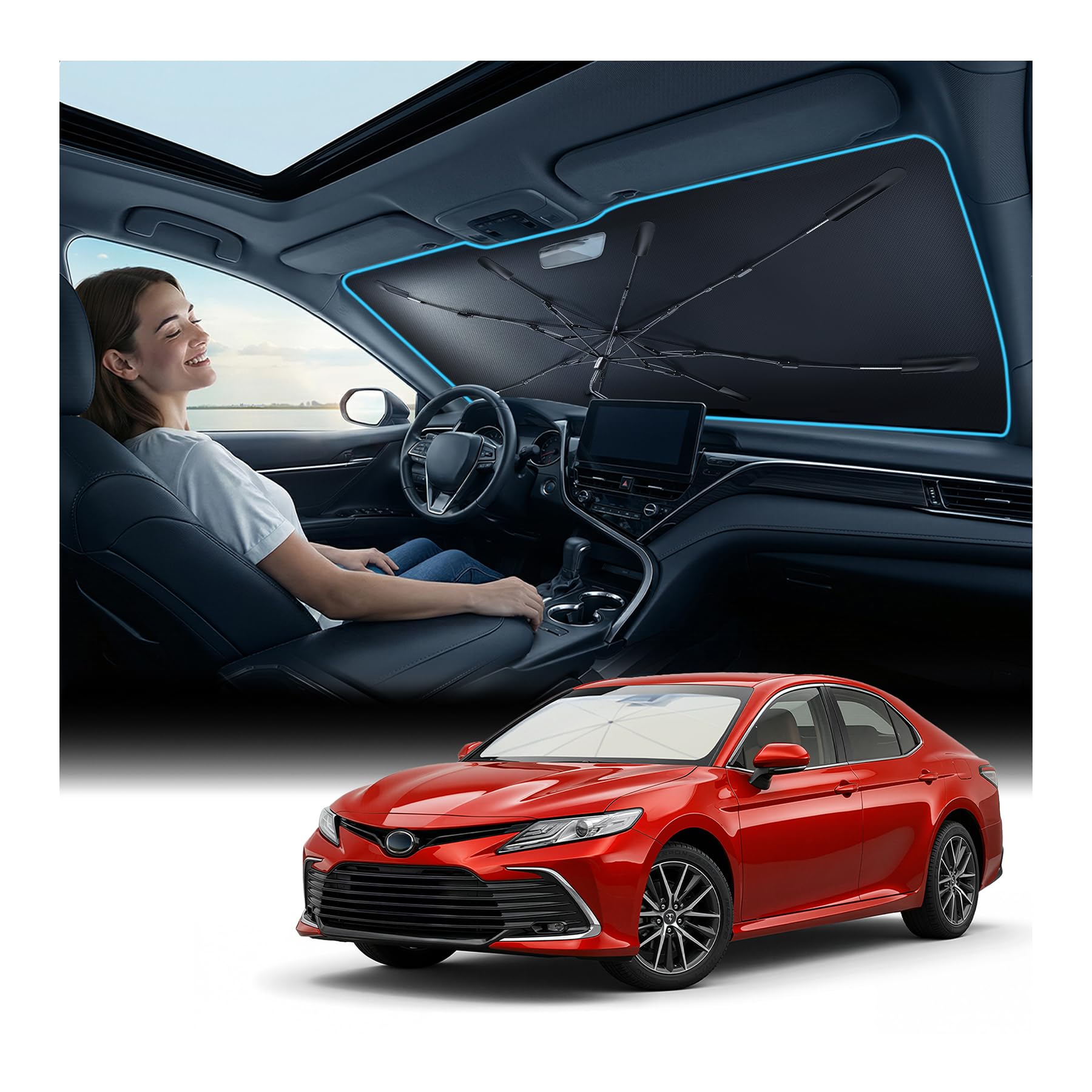 Nmoiss Windshield Sun Shade Umbrella for Toyota Corolla & Camry - [Vinyl Coating Heat Shield] Protect Car from Sun Rays & Heat Damage Keep Cool and Protect Interior, Spring Structure Edge