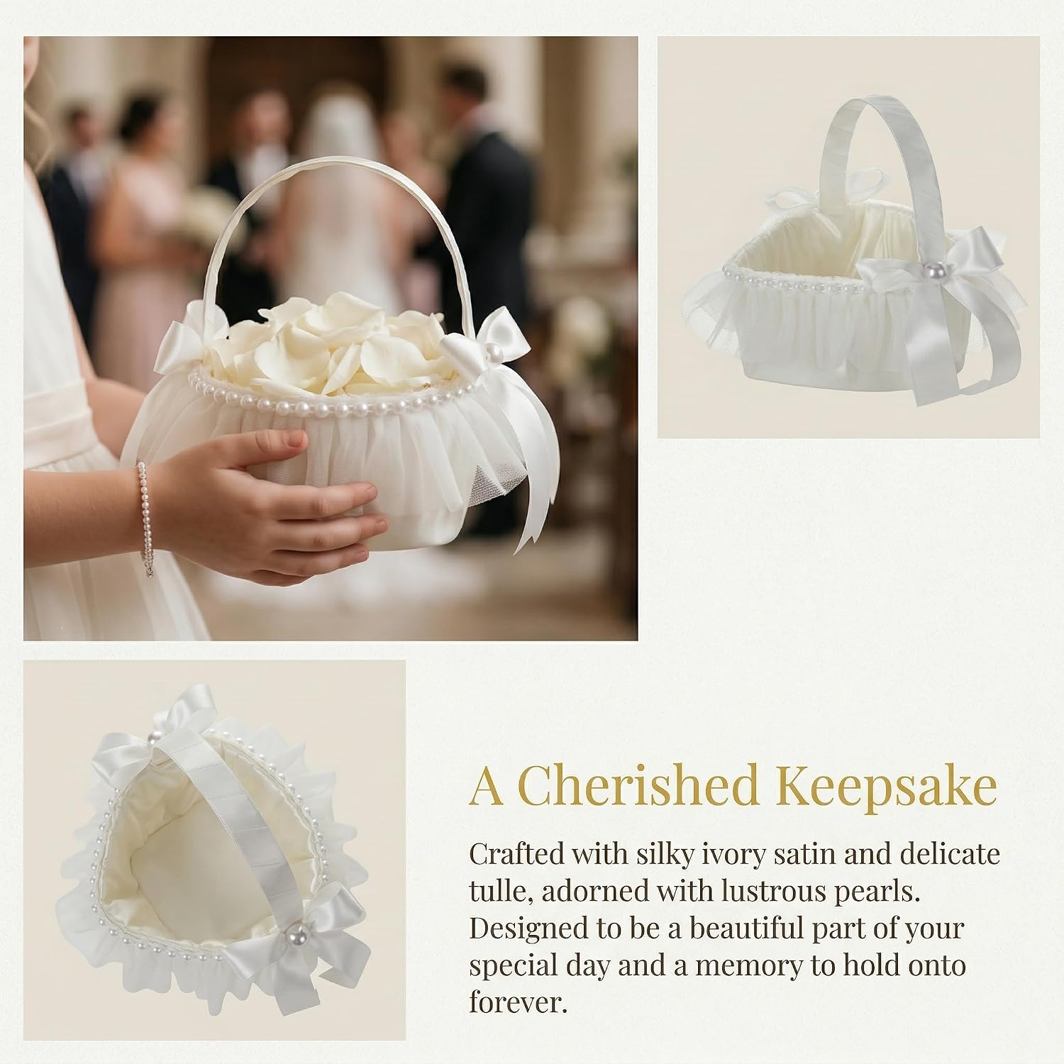 Wedding Ivory Heart Flower Girl Basket with Cute Pearl Handle Bowknot Satin Flower Baskets for Wedding Ceremony Flower Girl Basket
