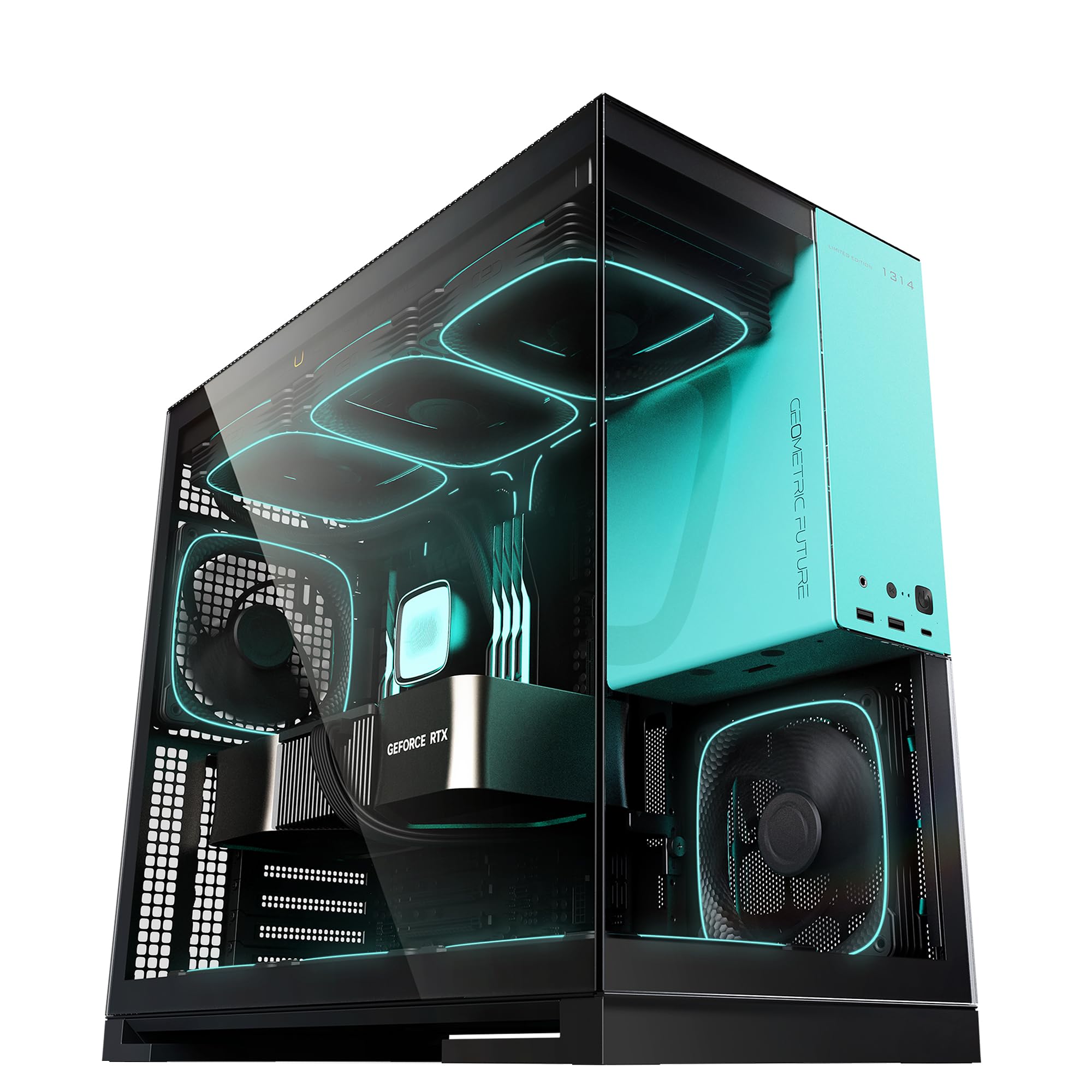 Geometric Future M5 Tempered Glass Mid Tower, E-ATX/ATX Gaming Case, 1.2mm Steel, Type C, Toolless Panels, Support 420/360 Radiator, ARGB PWM 140m Fan x 5 Pre-Installed, Black/Blue, GEO-M5F-BTB