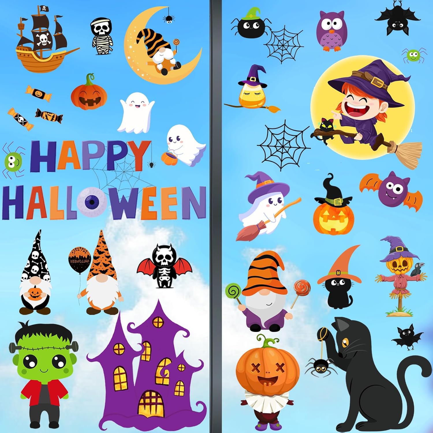 Halloween Window Clings for Glass Windows Decorations Cute Reusable - 110 Pcs Double Sided Halloween Window Stickers Decals Decor Kids, Indoor Halloweens Decoration Home Mirror Glass Door Clings Halloween Window Clings Decorations