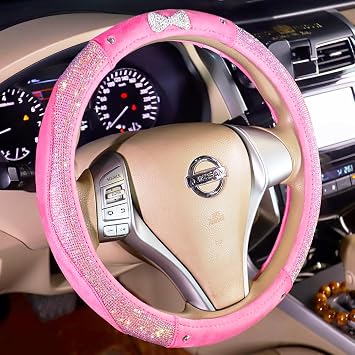 Car Steering Wheel Cover for Women Girls Bowknot Bling Interior Accessories | Good Quality High Praise, Elegant Colorful Crystal Rhinestone Diamonds, Anti-Slip Wheel Protector, Universal 15 Inch, Pink