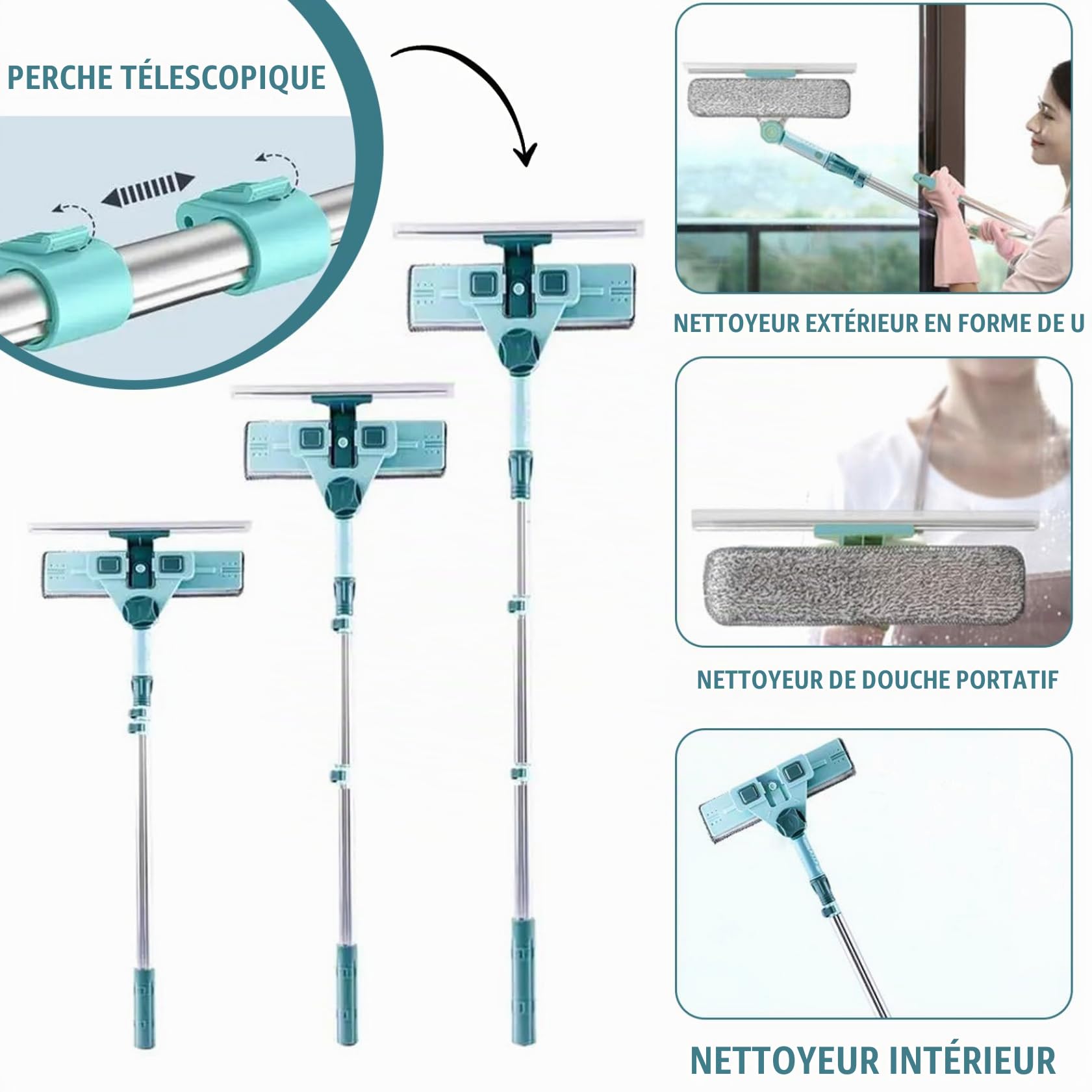 Nettoyeur de vitres extérieur en Forme de U télescopique sûr Double Face nettoyant pour vitres Deux en Un pour Les miroirs Plancher Haut raclette Portes.