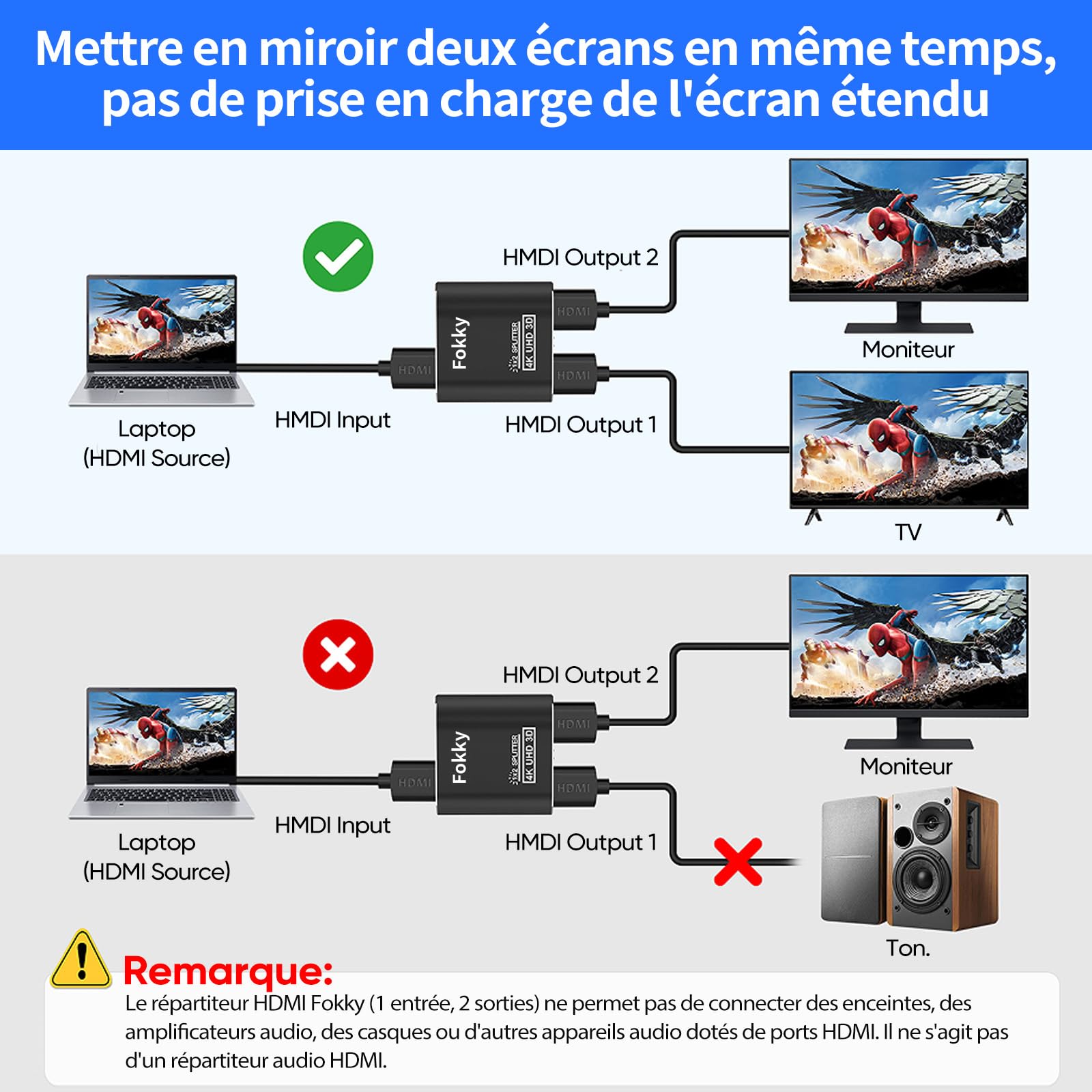 Splitter HDMI 4K, HDMI Switch Aluminium Répartiteur HDMI 1 Entrée 2 Sorties Affichage Simultané, 4K@30HZ 3D UHD 1080P, pour Xbox PS3 PS4 Lecteur Roku Blu-Ray HDTV Apple TV et Plus Appareil