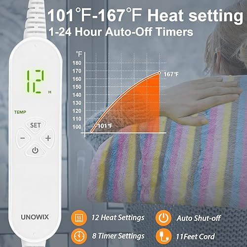 Miniatura 9 de UNOWIX Almohadilla térmica eléctrica XL para aliviar el dolor de espalda, 12 niveles de calor, 8 temporizadores, opción de calor húmedo, bonita