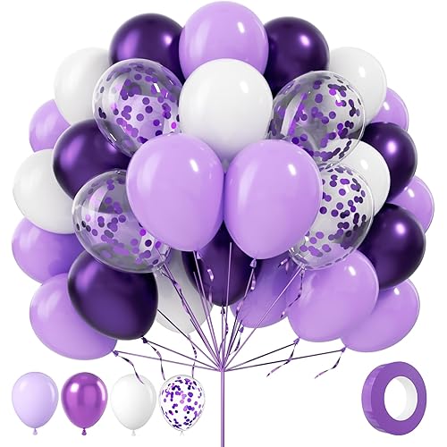 Purple and White Balloons, 70Pcs 12inch Lavender Lilac Confetti Metallic Balloons for Birthday Girls Baby Shower Bridal Wedding Princess Party Decorations