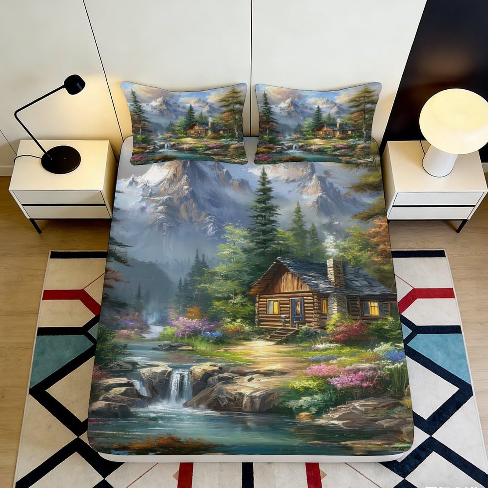 3D Printed Mountain Cabin Fitted Sheet Microfiber Soft Breathable Forest River Bed Cover for Bedroom Dormitory Guest Room Mattress Protection Decor 160x200x25cm