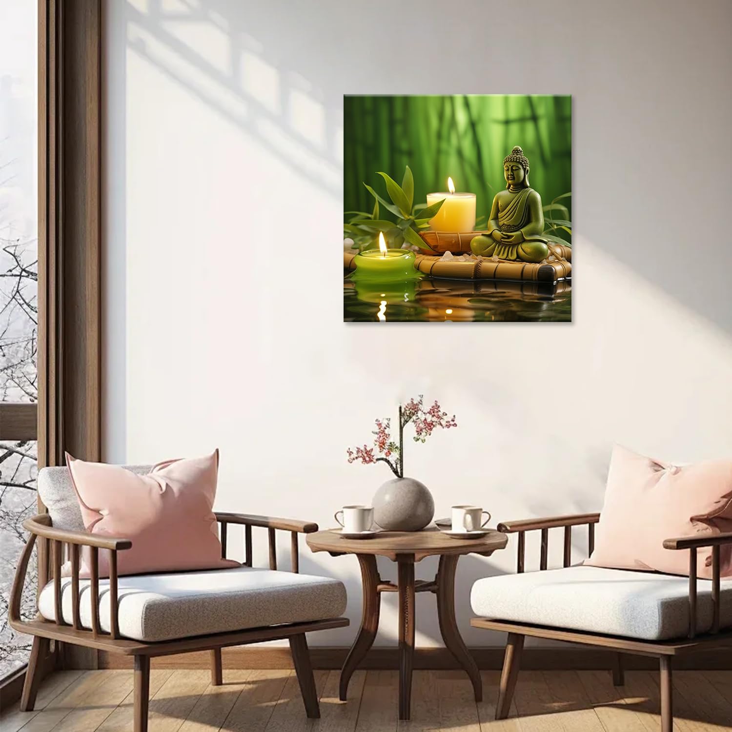 MODOJOART Buddha Canvas Wall Art, Buddha Candles on Water Painting Print Inspirational Buddha Zen Poster Picture for Buddhist Meditation Room Yoga Room Decor(Artwork-01, 12"x12")