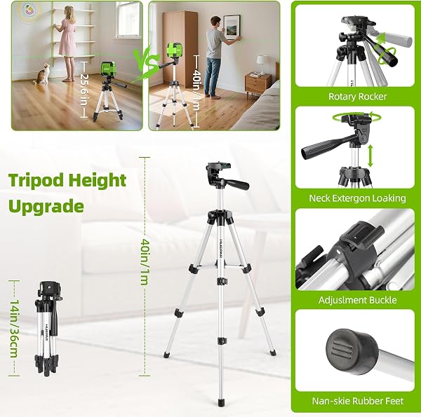 Huepar Self Leveling Laser Level with Tripod, 98Ft Green Cross Line Laser Leveler Tool for Picture Hanging, Tile, Home Renovation, Indoor Project, Battery&Goggles Included, 40in Tripod - 3