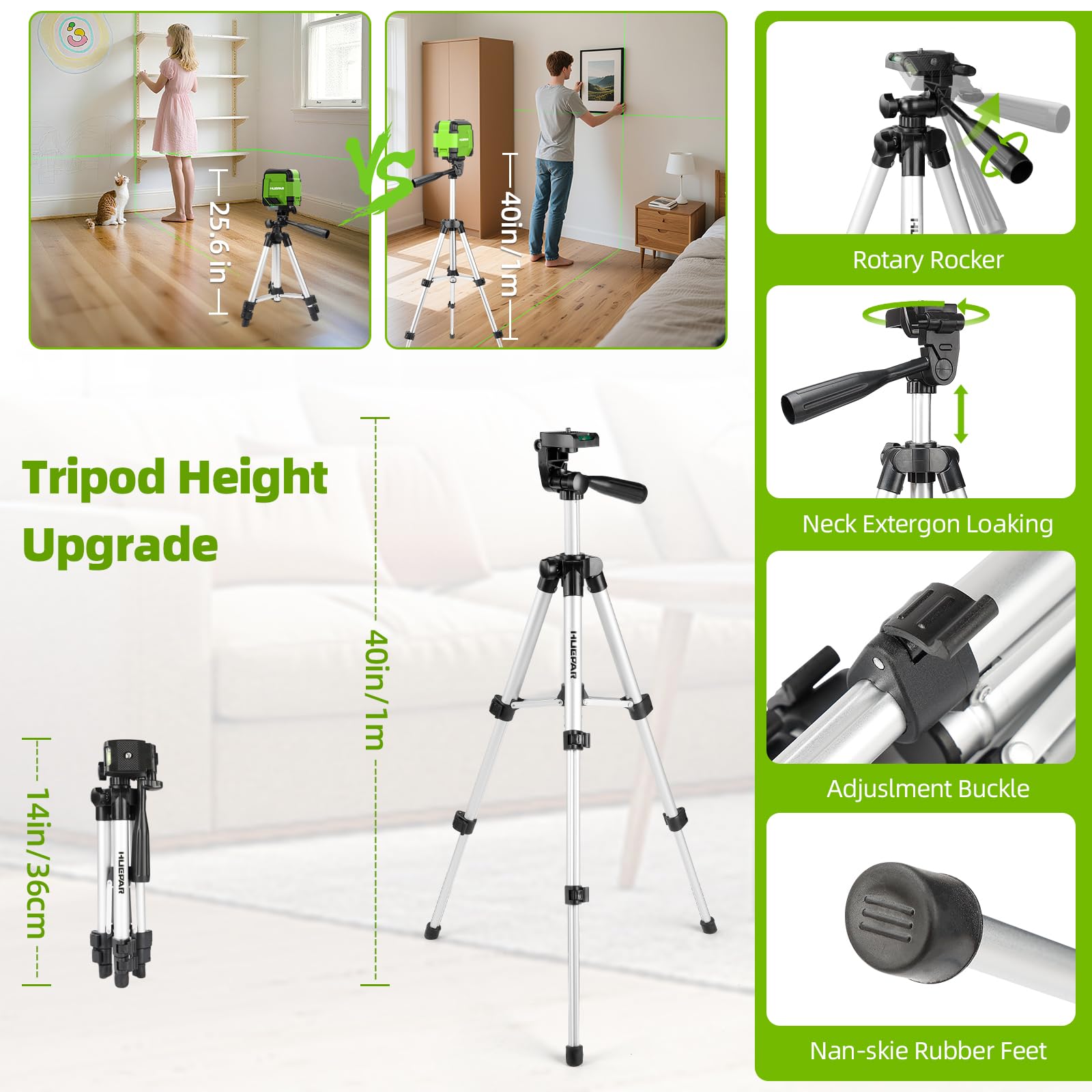 Huepar Huepar Self Leveling Laser Level with Tripod, 98Ft Green Cross Line Laser Leveler Tool for Picture Hanging, Tile, Home Renovation, Indoor Project, Battery&Goggles Included, 40in Tripod in use