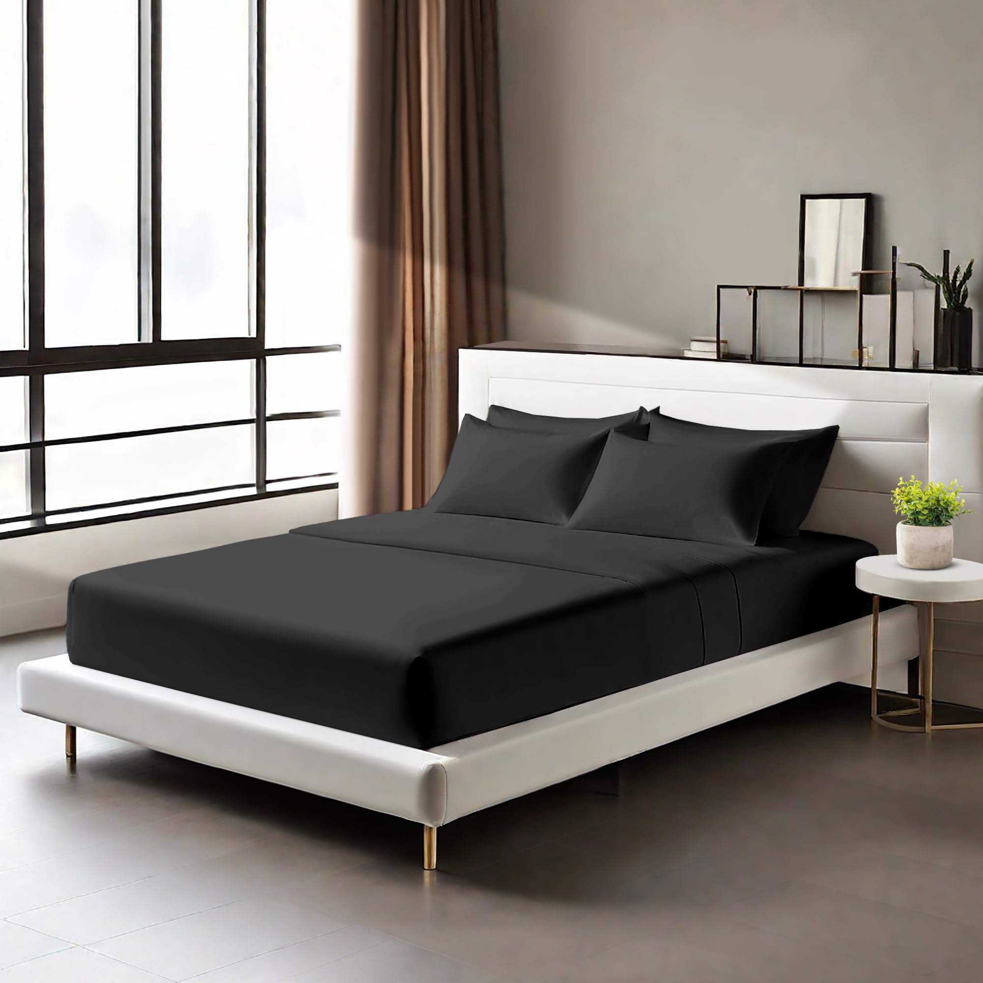 Egyptian Cotton Fitted Sheets 25cm Deep Mattress Pocket 200 Thread Count Fitted Bed Sheet- Soft & Comfortable Bottom Sheet (Black - Image 2