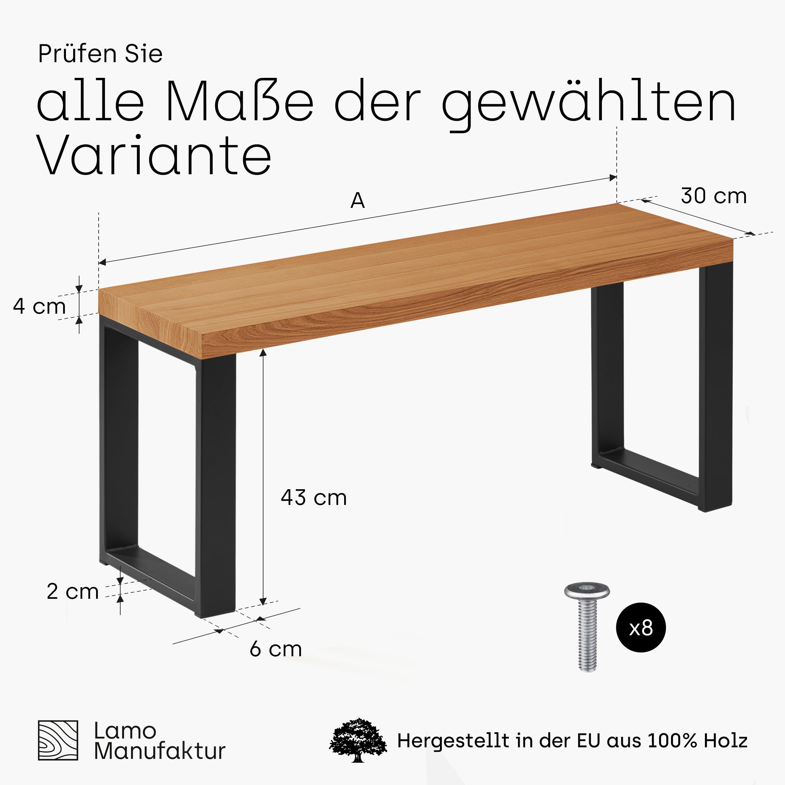 LAMO Manufaktur Sitzbank Esszimmer Holzbank 30x80x47 cm, Möbelfüße Simple Schwarz/Rustikal, LSB-01-A-003-80-9005S